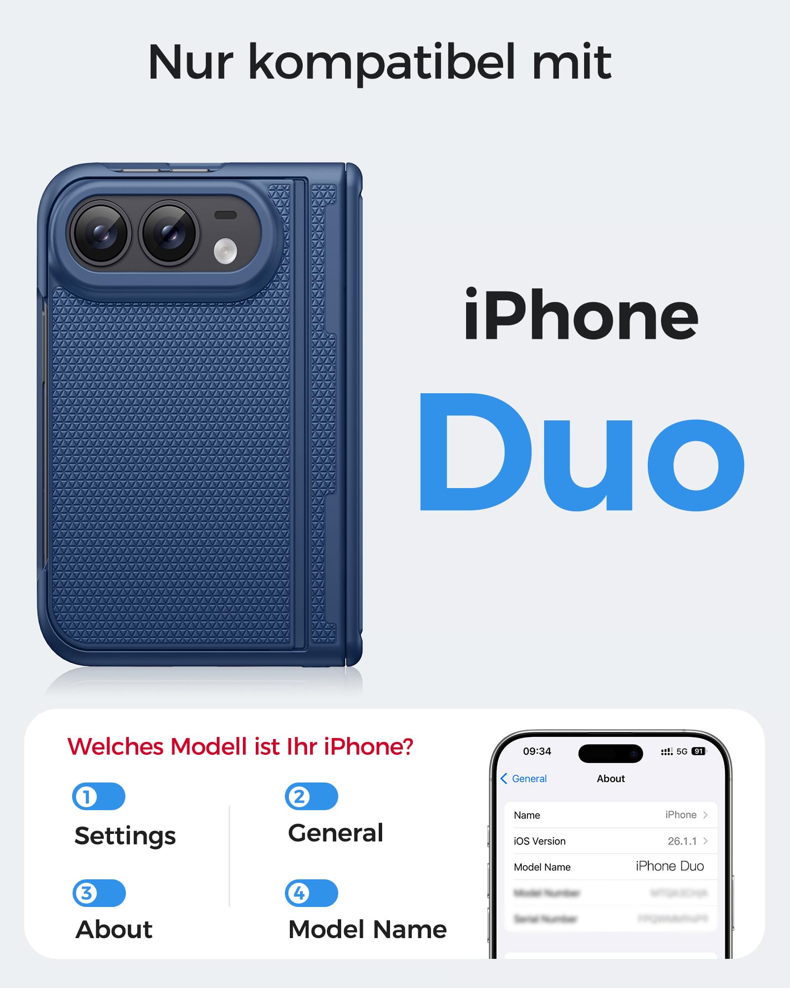 für iPhone Duo Hülle mit Ständer, Robuster Scharnierschutz, Blau