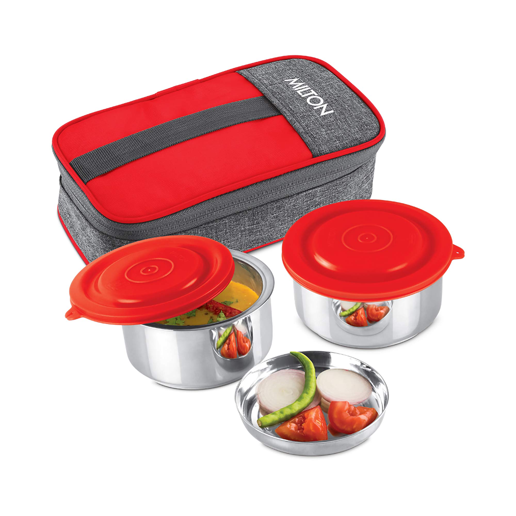 MILTON Pasto Lunch Box 2 Double Wall Stainless Steel Containers with Denim Insulated Jacket, Set of 2, 350 ml, Red