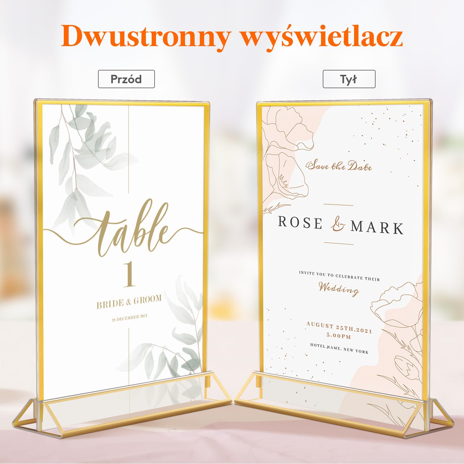 Lifewit 6-częściowy akrylowy uchwyt na znak A5 ze złotymi ramkami, przezroczysty pionowy dwustronny stojak, uchwyty na menu, uchwyty na numer stołu, ramki na zdjęcia na wesele, imprezę, restaurację