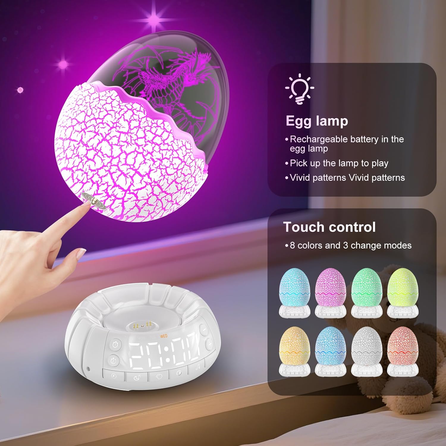 Multifunction Alarm Clock with Sunrise Simulation Dragon Egg lamp, Portable Touch Control Egg Night Light, 20 Soothing Sounds & Bluetooth Speaker, Timer Sleep Aid, Unique Gift/Decor