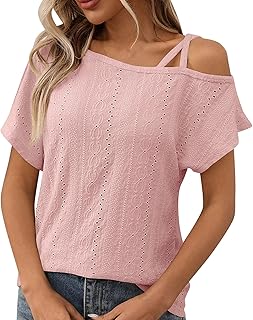 Blusa de mujer con hombros descubiertos, manga corta para verano, holgada, transpirable, con bordado de color liso