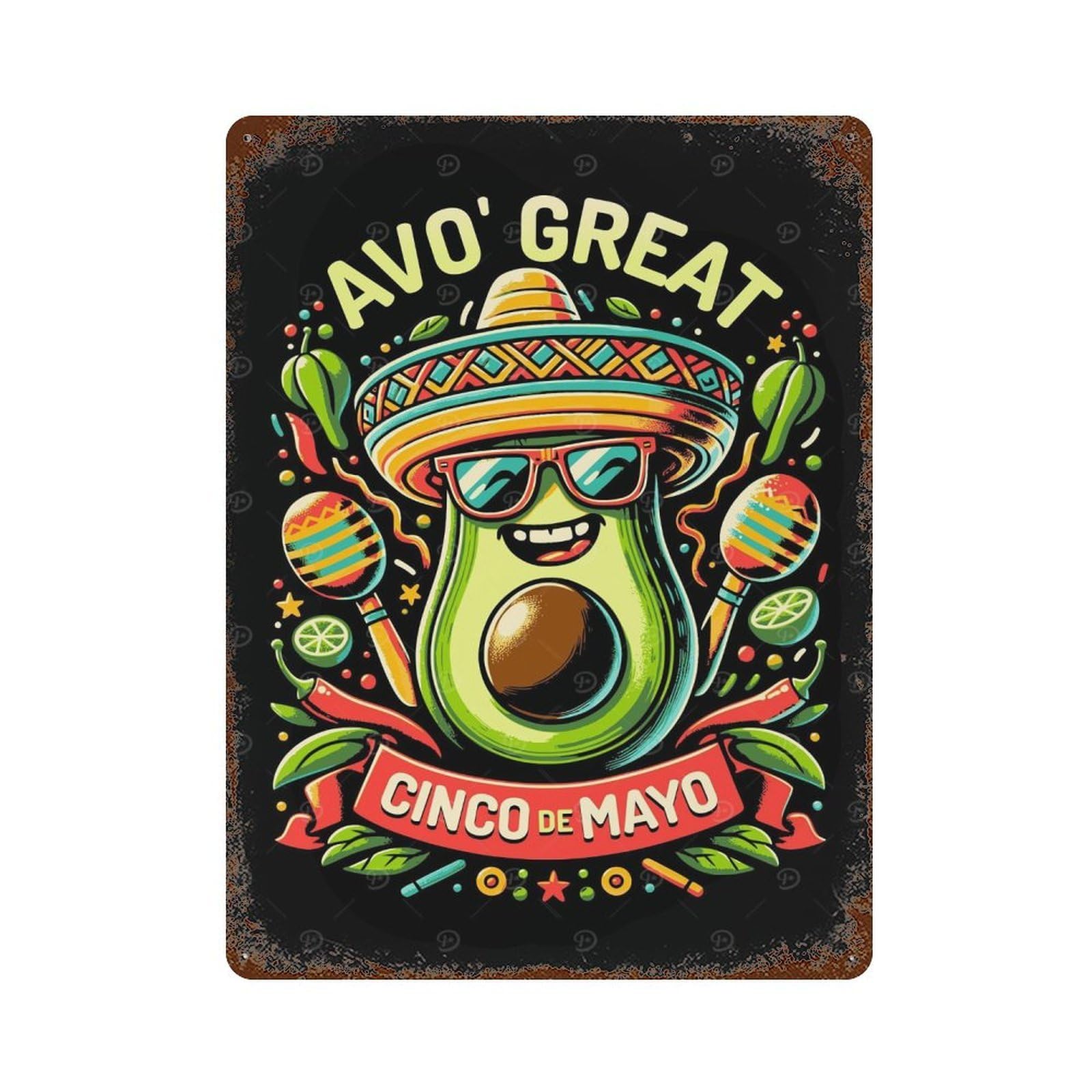 Avocado Great Cinco Mayo 15.7"x11.8" Weathered Tin Sign, Rustic Home Decor for Living Room, Hallway And Home Decor
