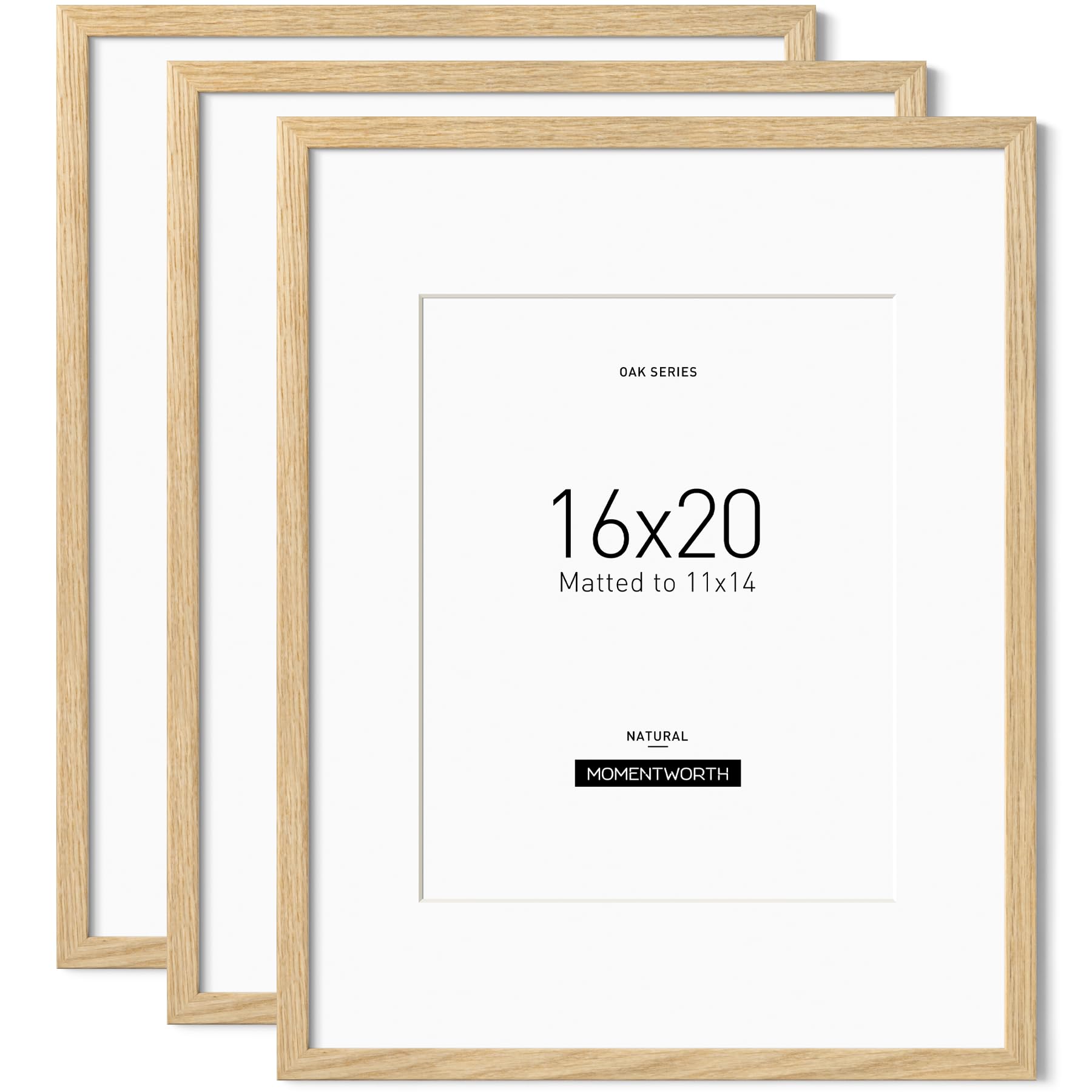 16x20 Frame with Mat for 11x14 set of 3, Solid Oak Wood 16x20 Frames for Horizontal & Vertical Wall Mounting(3 Pack,Oak)