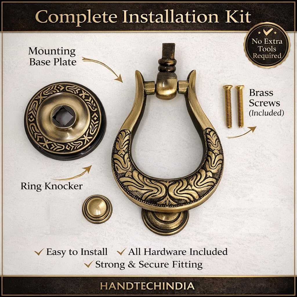 Brass Door Knocker Hand-Etched Carved Gate Knocker Handle Pull Door Accessories Home Decor Hardware Golden 3x5 Inches (Design-I)