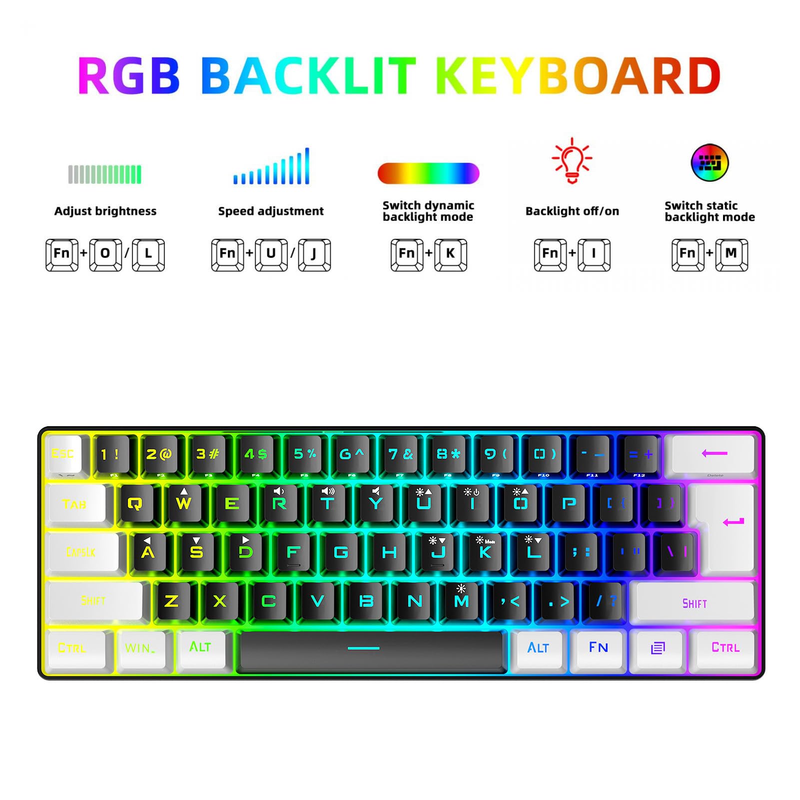 Mechaniczna klawiatura do gier, 61 klawiszy, 60% kompaktowa klawiatura do gier z 7-kolorowym podświetleniem RGB, przewodowa klawiatura USB do laptopa stacjonarnego i podróżna (czarno-biała)