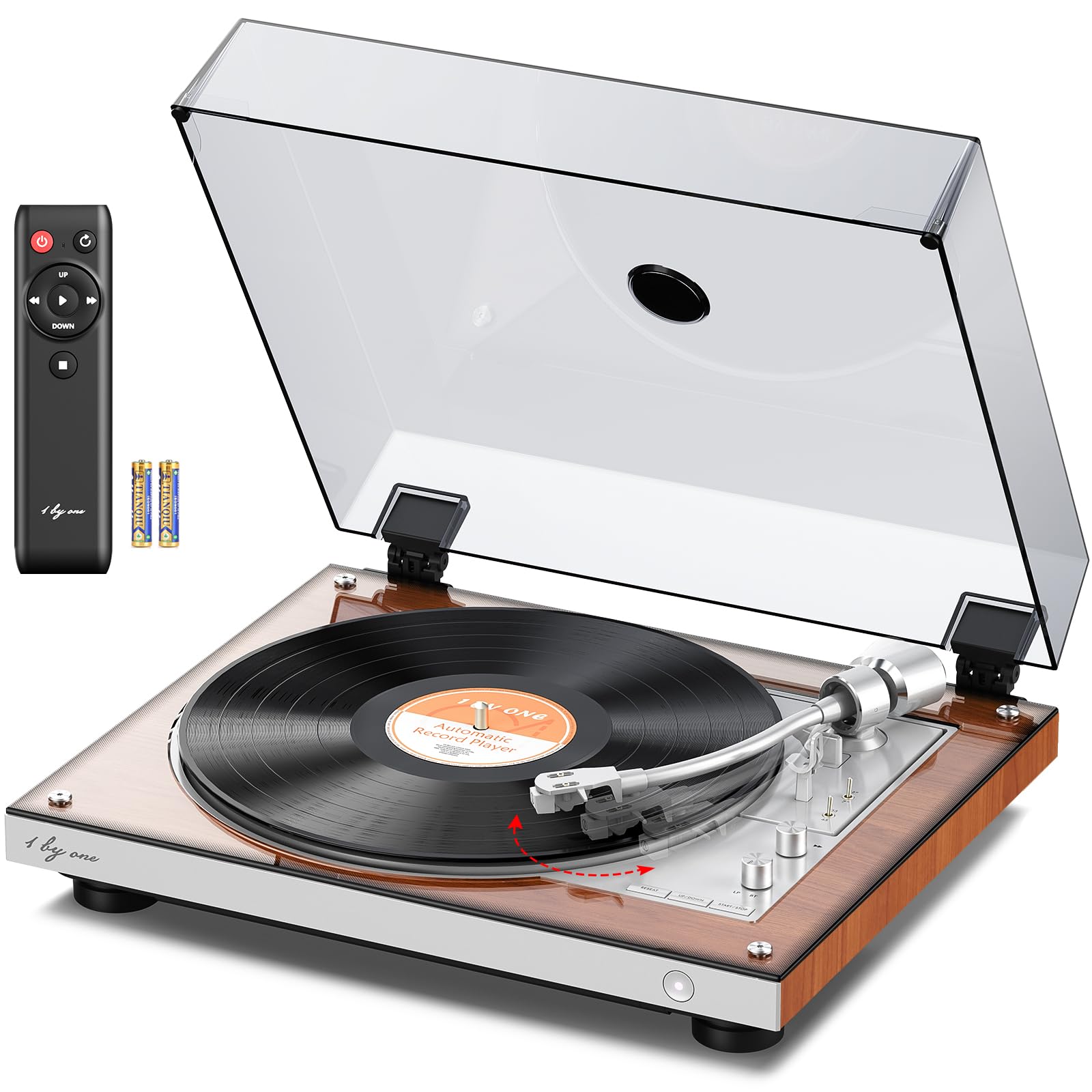 1 BY ONE Fully Automatic Belt-Drive Turntable, Wireless Vinyl Record Player with Automatic Repeat Function, Remote Control, Phono Preamp, AT-3600L