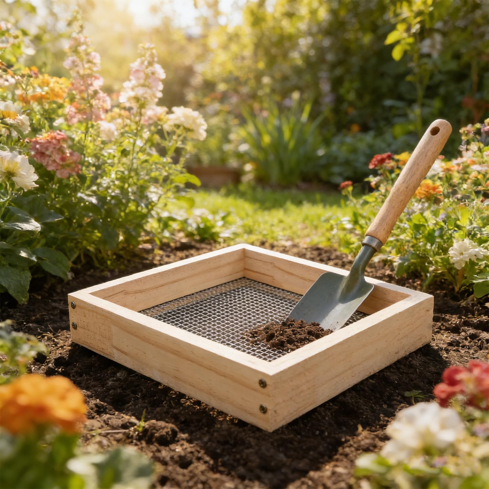 HEMOTON Setaccio da Giardino in Legno con Rete in Metallo 5mmx5mm, Setaccio per Terreno e Sabbia, Strumento da Giardinaggio per Compost e Rinvaso, Resistente alle Intemperie, Leggero