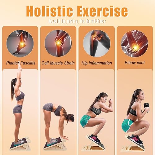 Miniatura 5 de Tabla inclinada de madera para estiramiento de pantorrillas, tabla elástica ajustable de pantorrilla con póster de entrenamiento y bandas de
