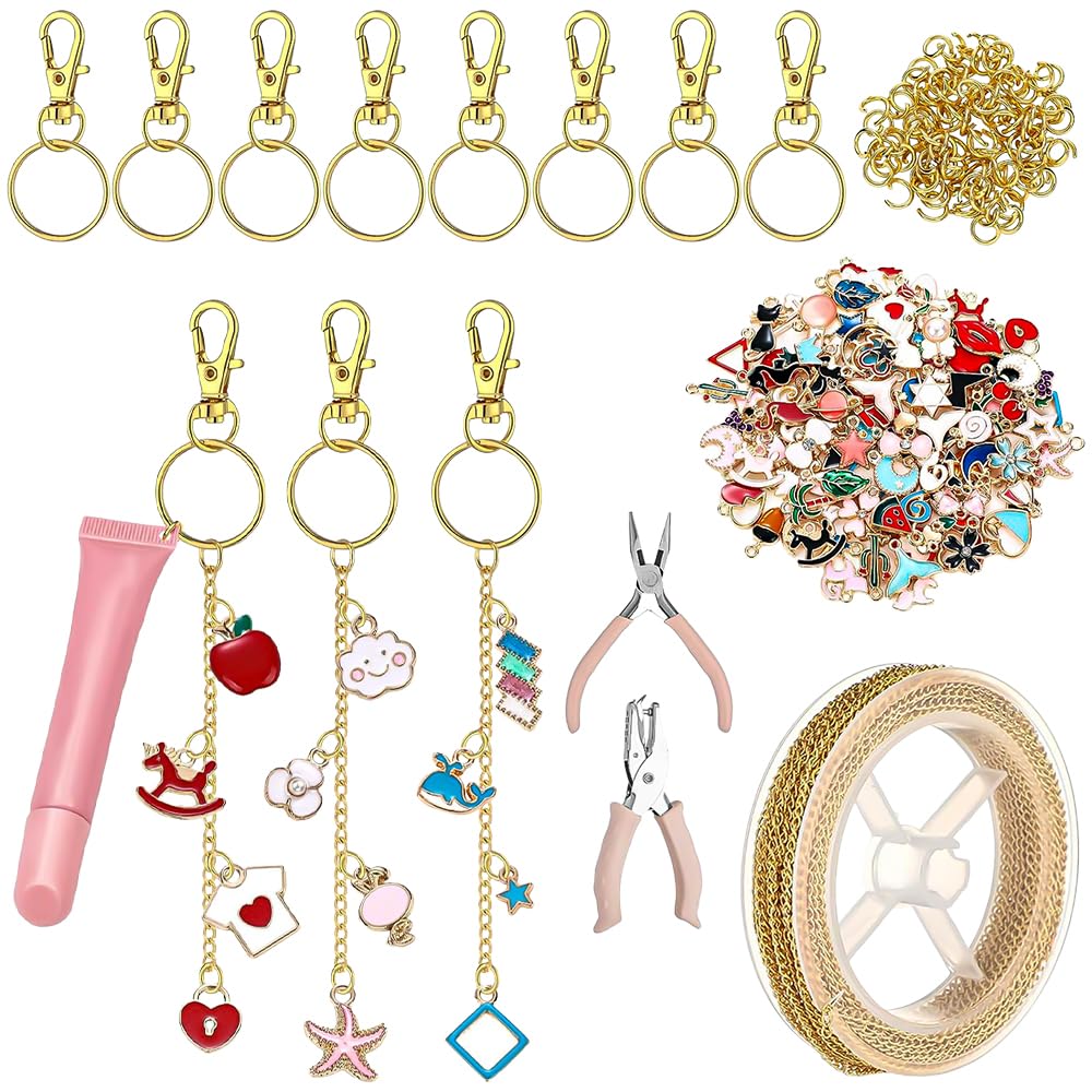 AURISSE 213-Piece Lip Gloss Keychain Making Kit with 100 Pink Enamel Charms and 32.8ft Gold Chains for DIY Crafts and Accessories (Stylish)