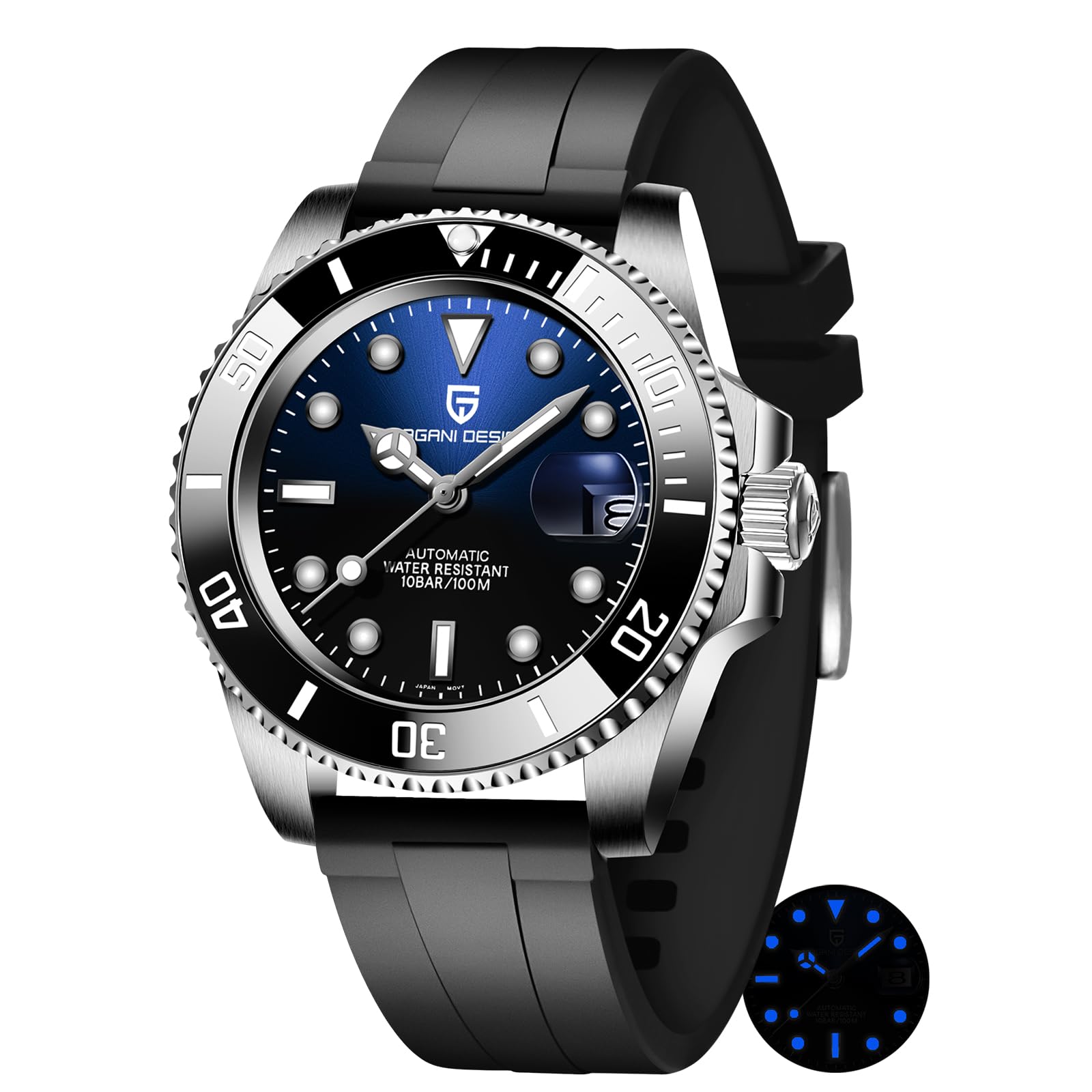 Pagani Design Horloges voor Mannen Japan NH35 Beweging Automatisch Horloge 40mm Roestvrij Staal Duiker Waterdicht Saffier Glas Sport Heren Horloges, R-Zwart Blauw Gradiënt, Sport
