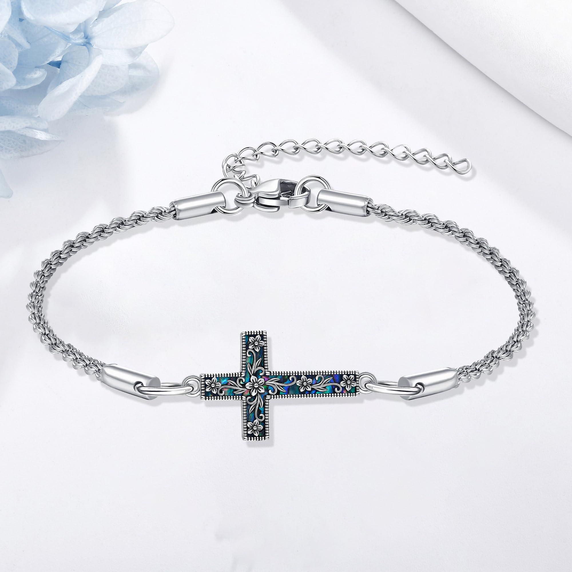 URONE Kreuzarmband 925 Sterlingsilber Kreuz-Blumen-Anhänger Armband Christlicher Religiöser Vintage Schmuck Geschenke für Damen