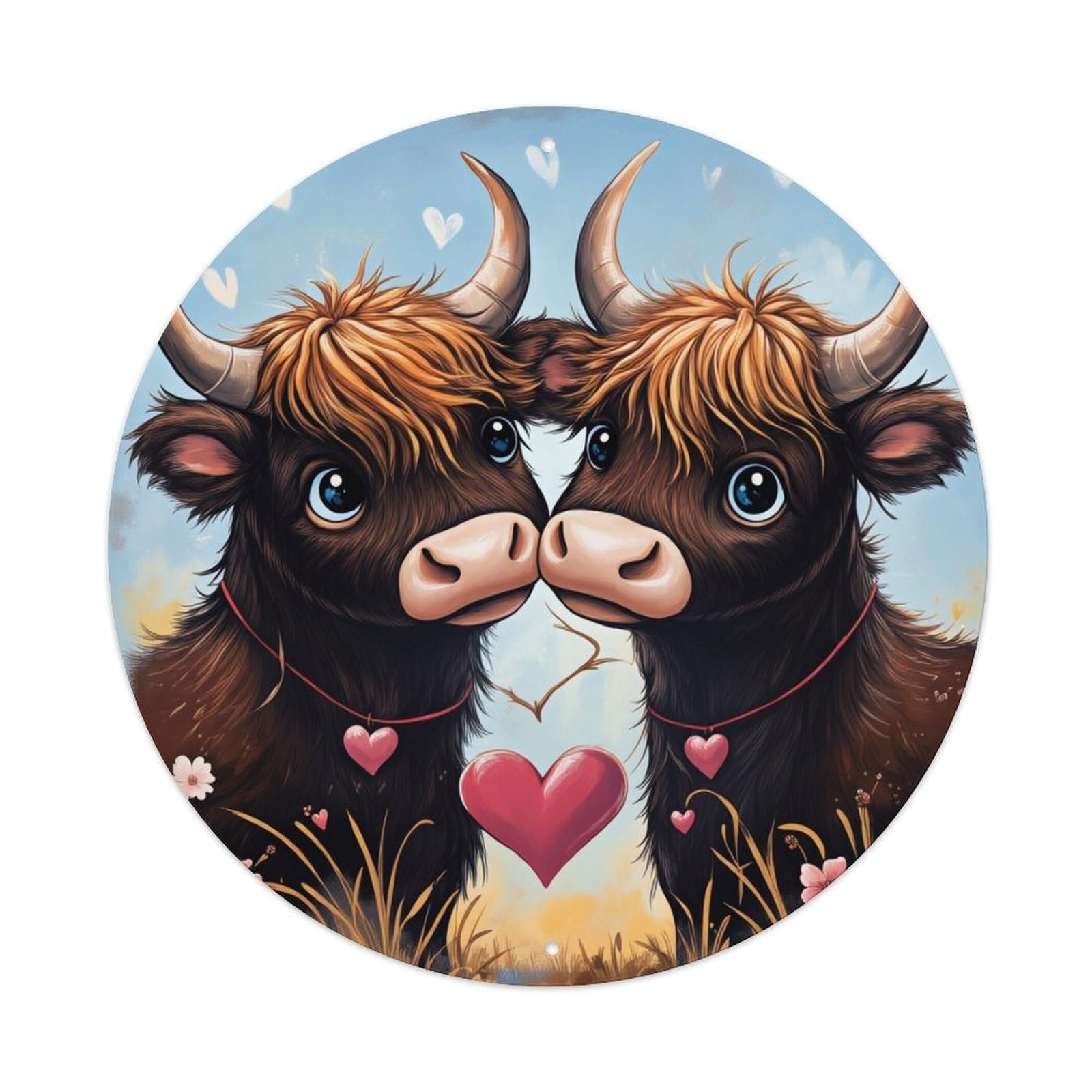 Cute Cows Heart Love Field Round Tin Sign Vintage Metal Poster, Home Bar Garage Man Cave Cafe Indoor & Outdoor Wall Decoration 8x8Inches