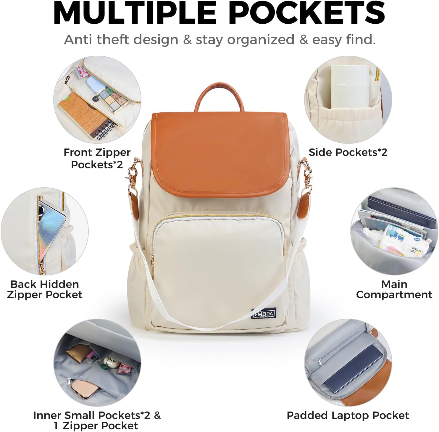 Fmeida Anti-Theft Backpack for Women Convertible Backpack Purse- 3-in-1 Laptop Bookbag for Work College, Cream - Image 5