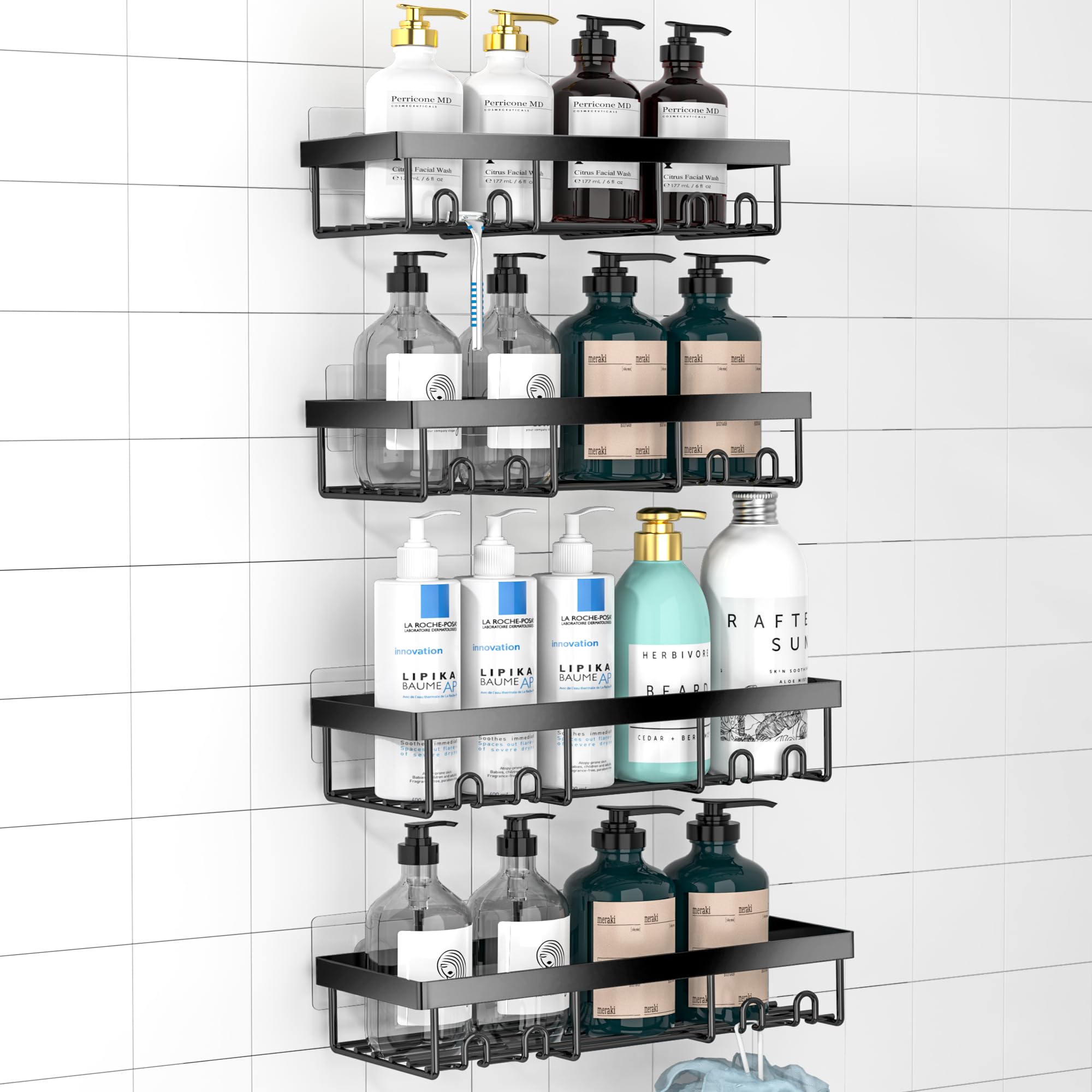 Moforoco Adhesive Shower Caddy Organizer Shelves Rack - 5 Pack Corner Bathroom Storage Organization, Home & Kitchen Decor Inside RV Accessories, Hanging First Apartment Household Camper Essentials: Black 4pack
