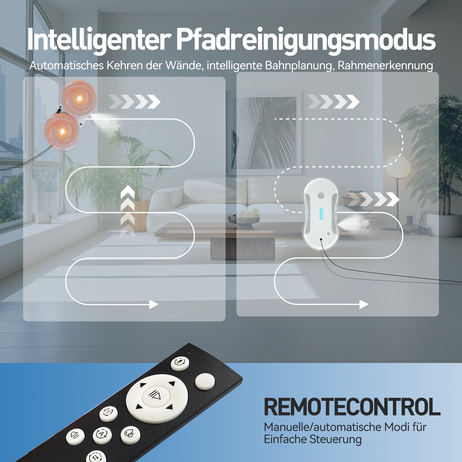 Fensterputzroboter Elektrisch, 5500-5800Pa Fensterroboter mit 2-Fach Sprühsystem, 80ML Tank, Intelligente Pfadplanung, Mehrfachschutz, für Innen- und Außenfenster