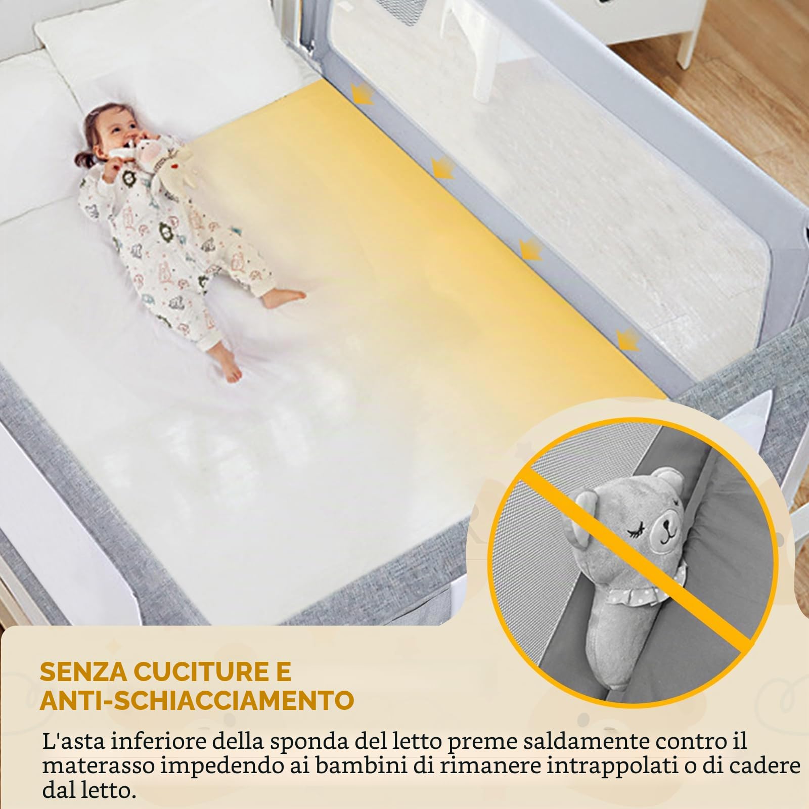 Sponde Letto Bambini，Barriera Letto Bambini，Sponda di Sicurezza per Bambini con Doppio Blocco di Sicurezza per Bambini, Altezza Regolabile，protezione da caduta，1PCS(Grigio) 180cm