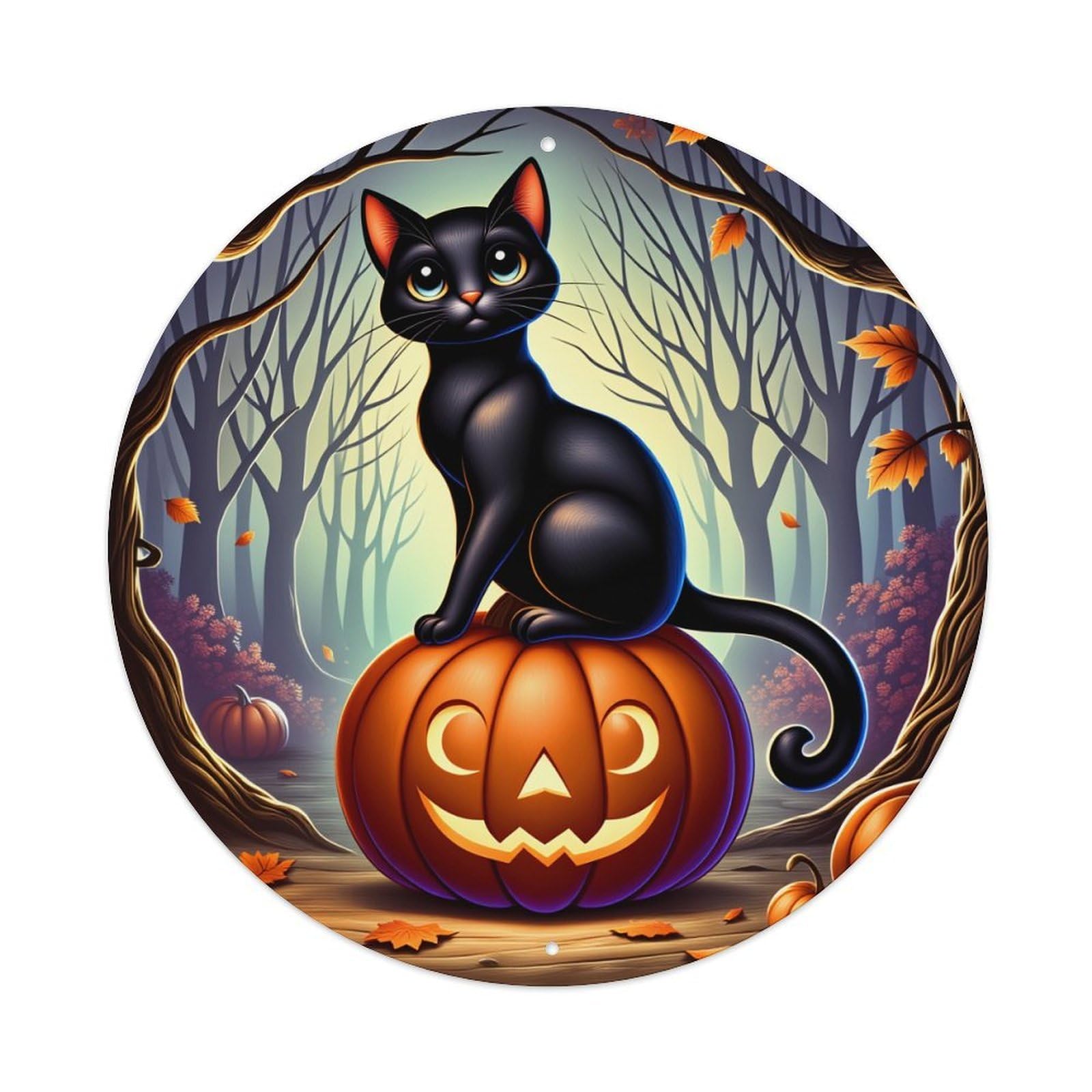 Black Cat Pumpkin Forest Autumn Round Tin Sign Vintage Metal Poster Retro Bar, Home, Man Cave, Kitchen, Laundry Room Wall Art Decor Gift 8x8Inch