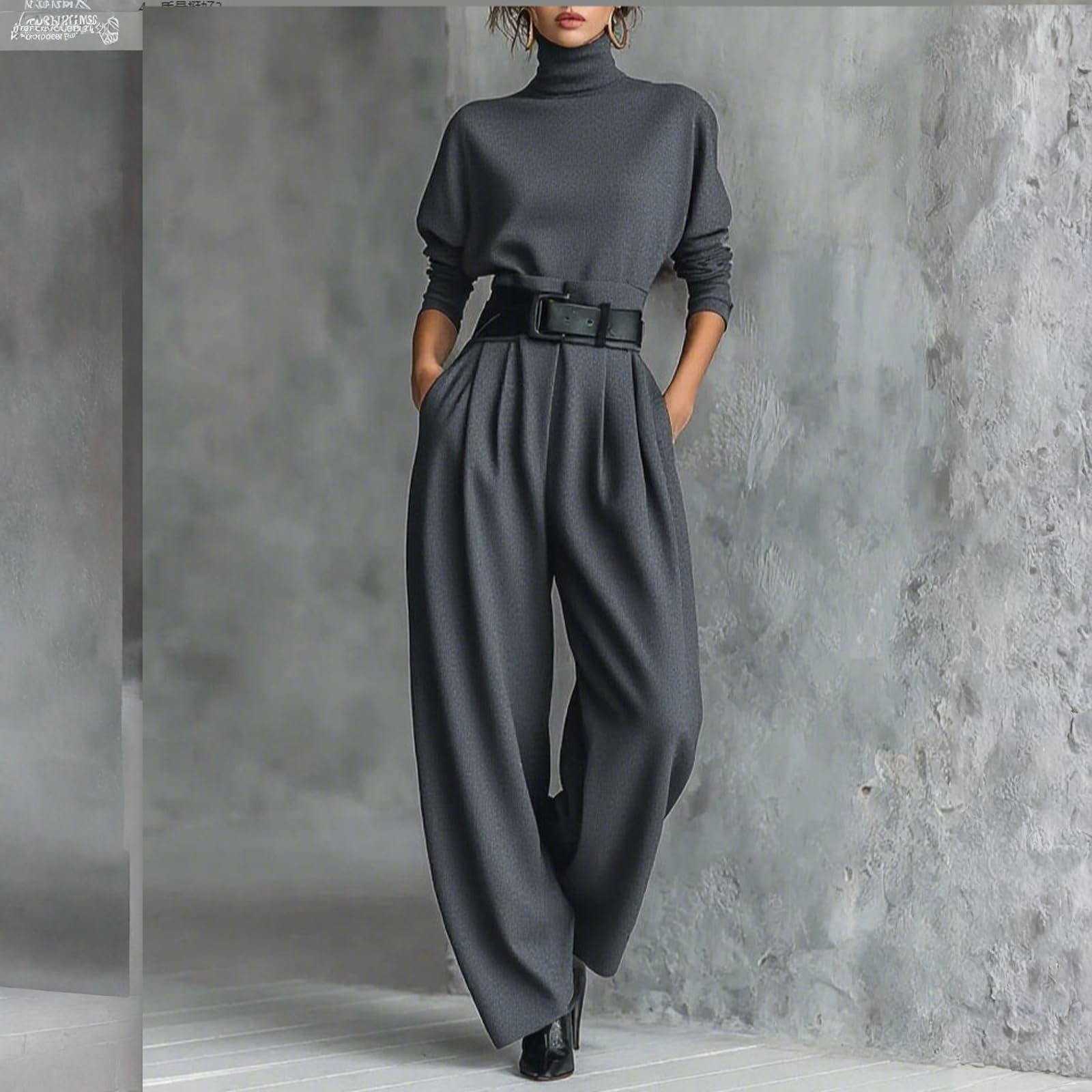 Generico Tailleur Elegante Donna Tinte Unite - Tuta Donna Completa Casual, Tute Elasticizzati Due Pezzi Classic, Top Manica Lunga Collo Alto E Pantaloni - Adatto Per La Primavera E L'autunno