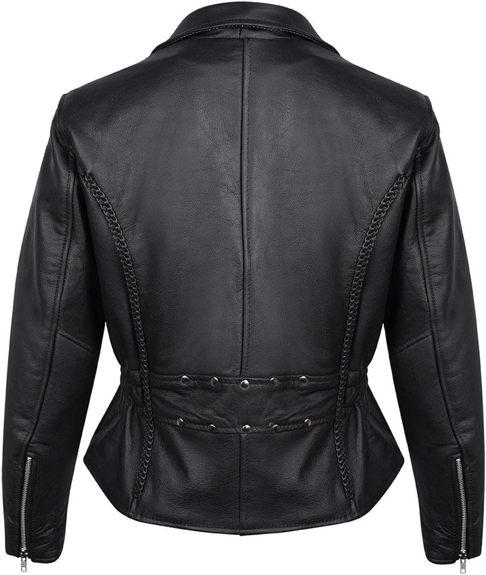 Braided Women's Leather Motorcycle Jacket, Studded, Black Asymmetrical Style with Zipout Liner