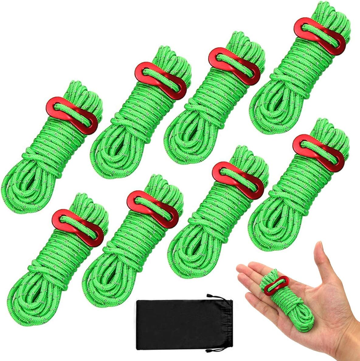 8 Pack Reflective Tent Guy Ropes, Light-Weight Tent Guide Lines Cord with Aluminum Tensioners Adjuster, 13 Feet Green Guy Rope Ideal for Outdoor Camping Hiking Awning Tents