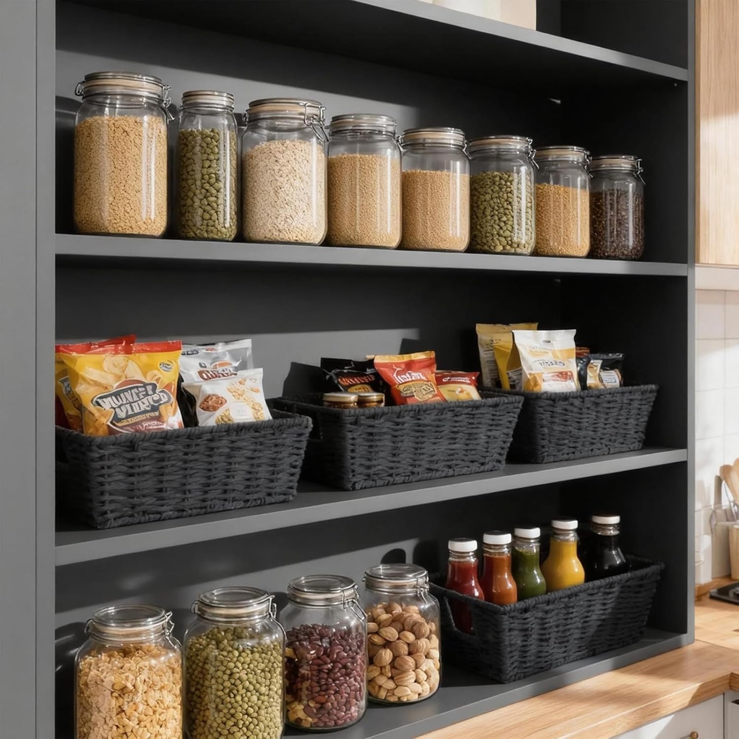 Paper Rope Storage Baskets for Shelves Organizing, Small Hand Woven Wicker Organizer Basket with Handle for Bathroom Toilet Paper Storage, Black, 3-Pack - Image 7