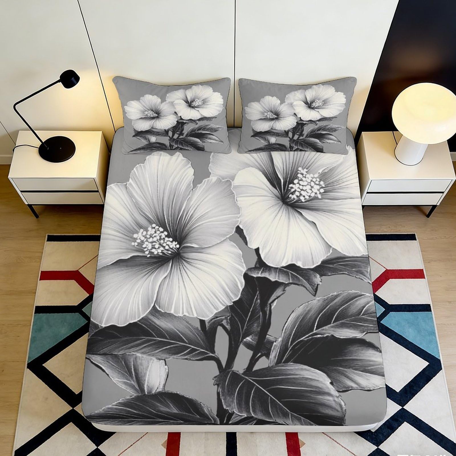 3D Printed Black White Floral Fitted Sheet Microfiber Soft Botanical Mattress Cover for Bedroom Guest Room Dormitory Decor 90x200x25cm