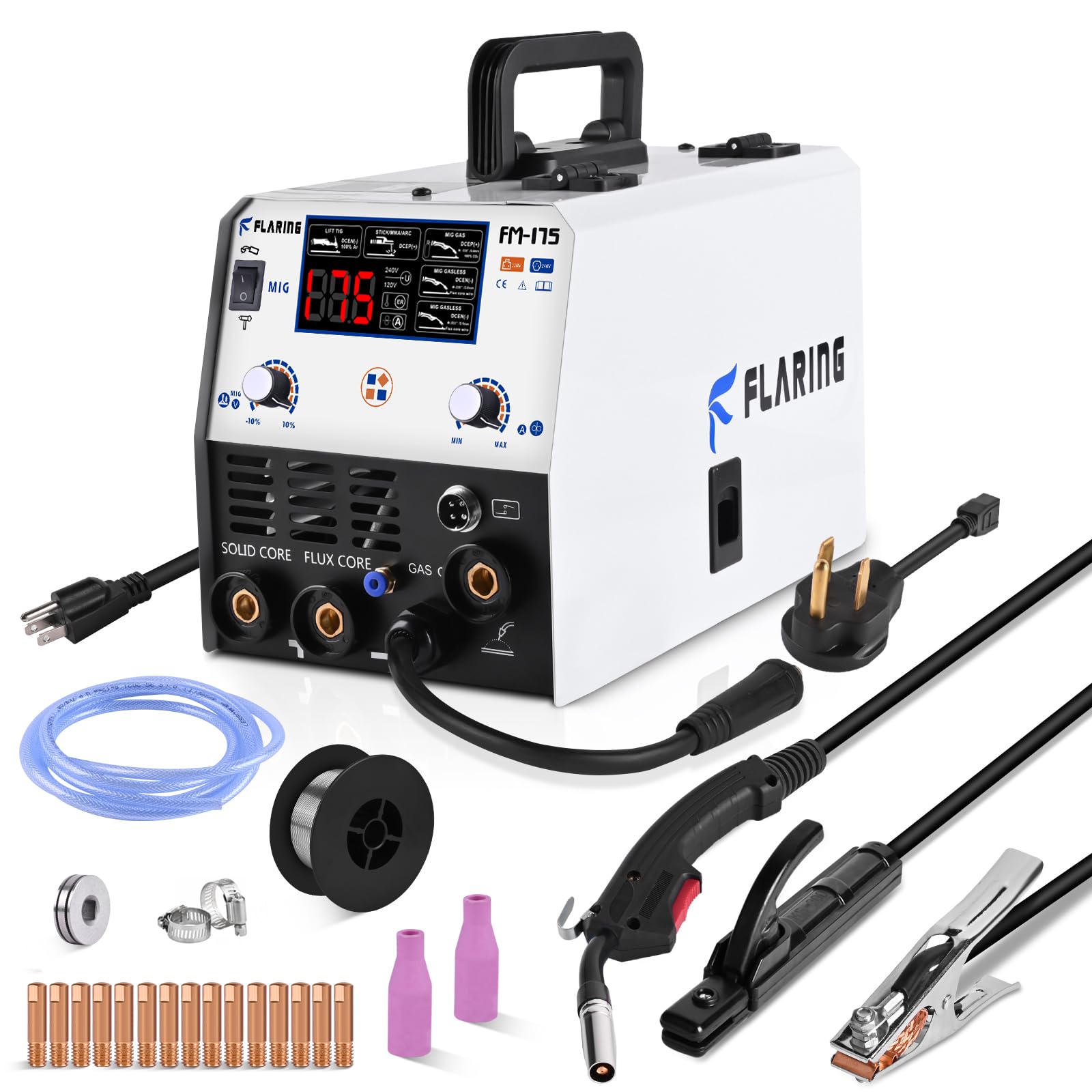 FLARING 175amp MIG Welder,5 IN 1 120V 240V Dual Voltage Welder Machine for Flux Core MIG Welder Gasless/Gas MIG/Lift TIG/Stick/Spool Gun IGBT Inverter with Large LED Display Update FM175