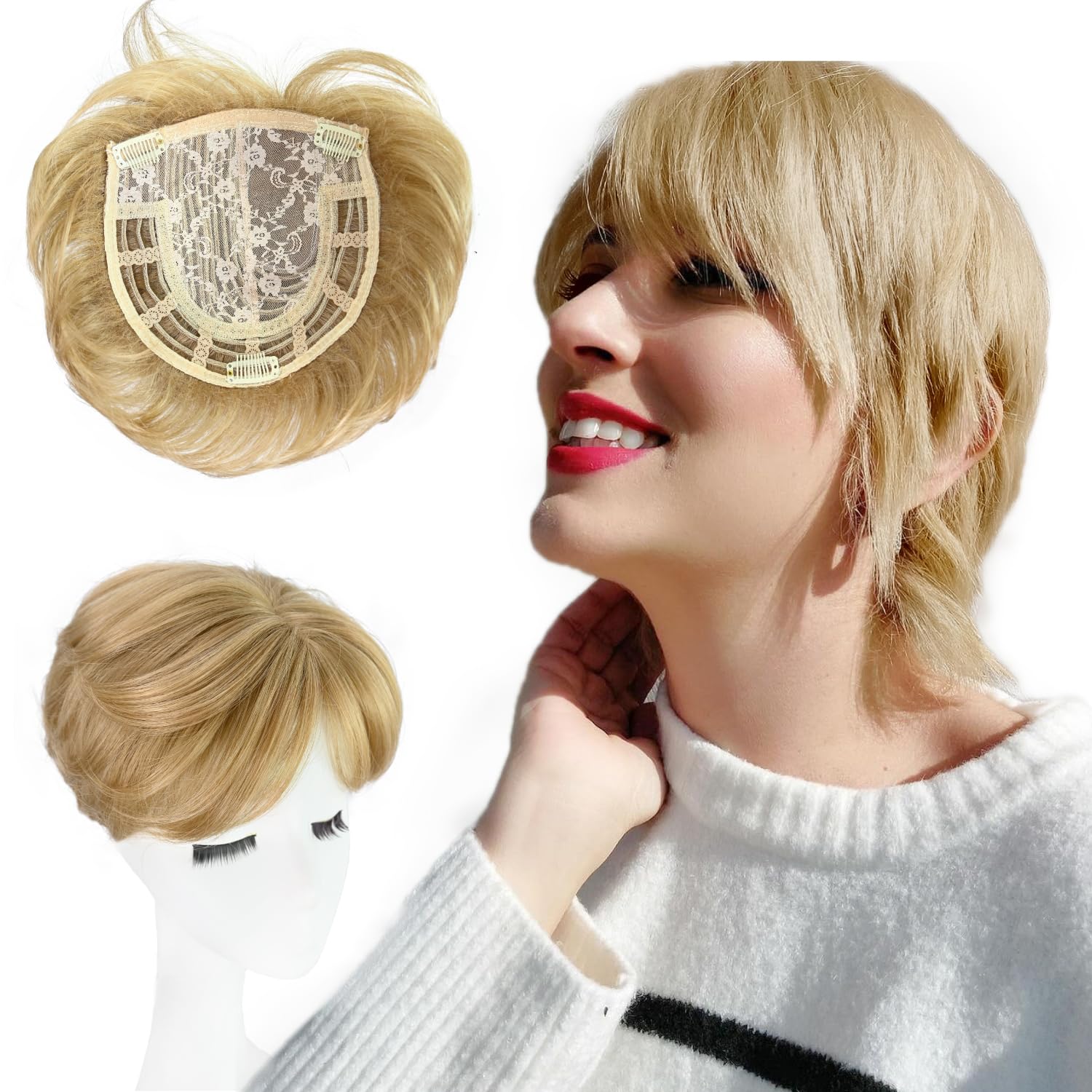 Blonde Short Hair Topper with Natural Bangs Relaxed Pixie Cut Clip in Hair Topper for Women with Thinning Hair Synthetic Hair Top Hairpieces(Medium Blonde)