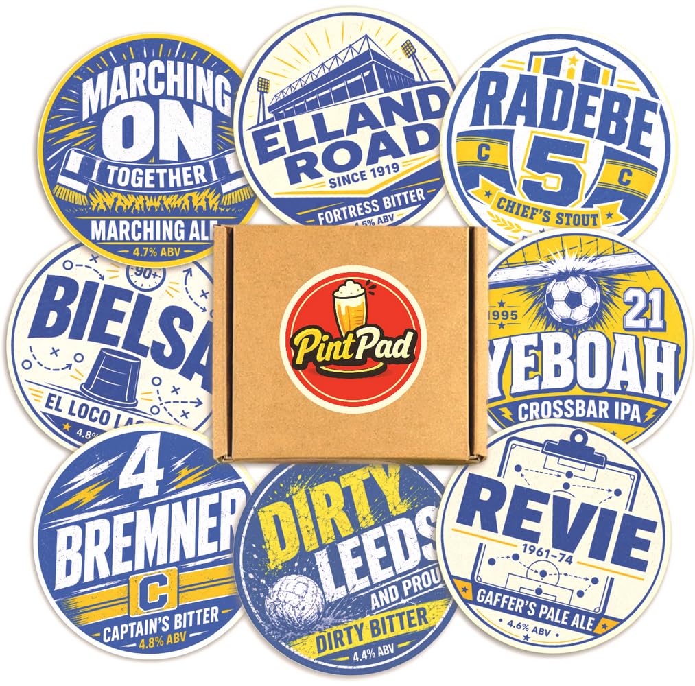 Leeds Themed Beer Mats – Pack of 8 95mm Football Coasters – United Gift
