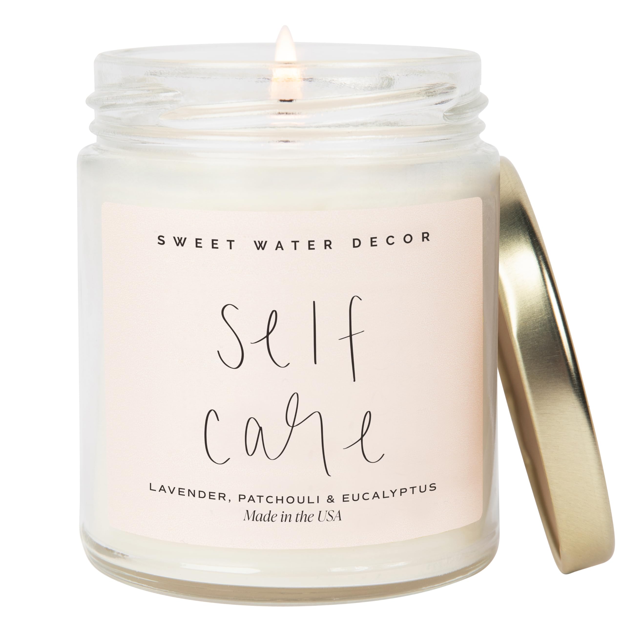 Sweet Water Decor Self Care Soy Candle - Patchouli Eucalyptus & Lavender Candles for Home - 100% Cotton Wick & Spa Scented Soy Wax Candles with 40 Hour Burn Time - 9oz Clear Jar - Made in The USA