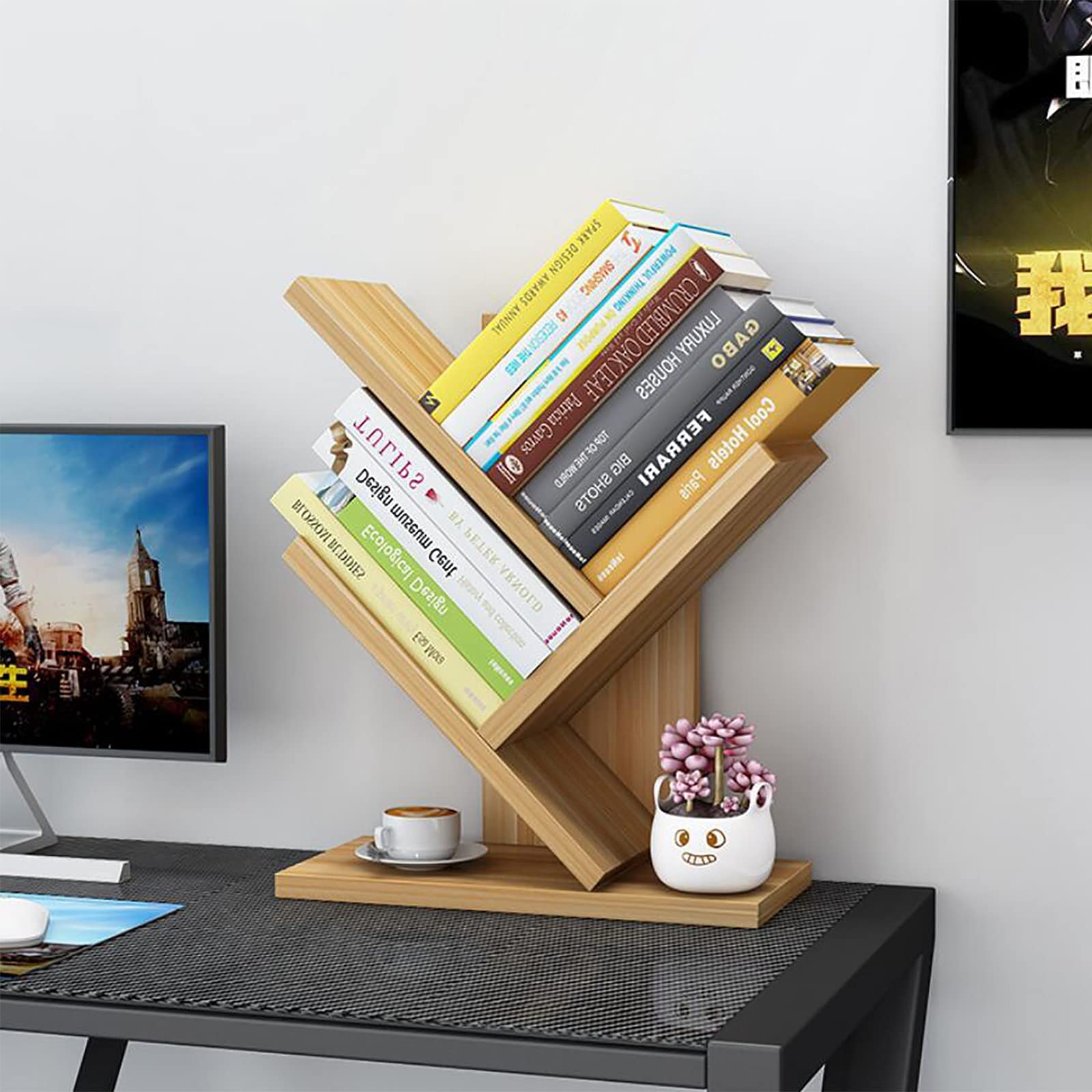 Desktop Tree Bookshelf, 3 Tier Bamboo Book Storage Organizer Shelves Floor Standing Bookcase Books Holder Wood Storage Rack for Office Home School(31 * 17 * 40.5CM) (Yellow)