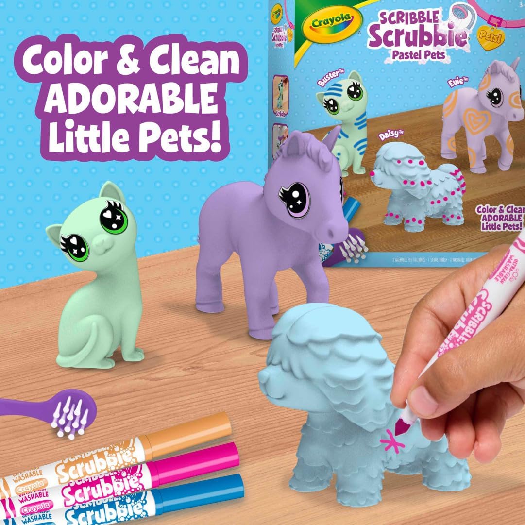Crayola Scribble Scrubbie Pastel Pets (3ct), Grooming Animal Toy for Kids, Washable Animal Figurine, Kids Gift, Toys for Girls & Boys, 3+