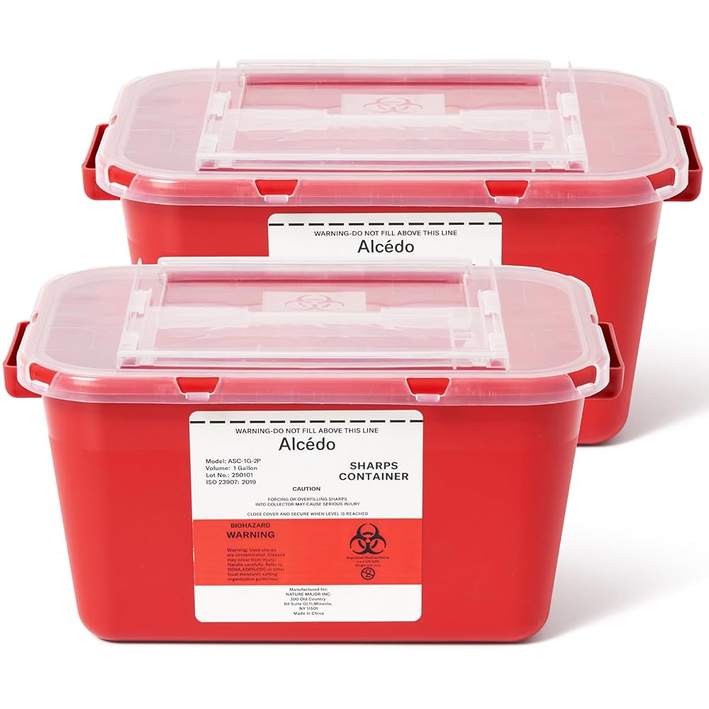 Alcedo Sharps Container for Home and Professional Use 1 Gallon (2-Pack), Biohazard Needle and Syringe Disposal, Medical Grade