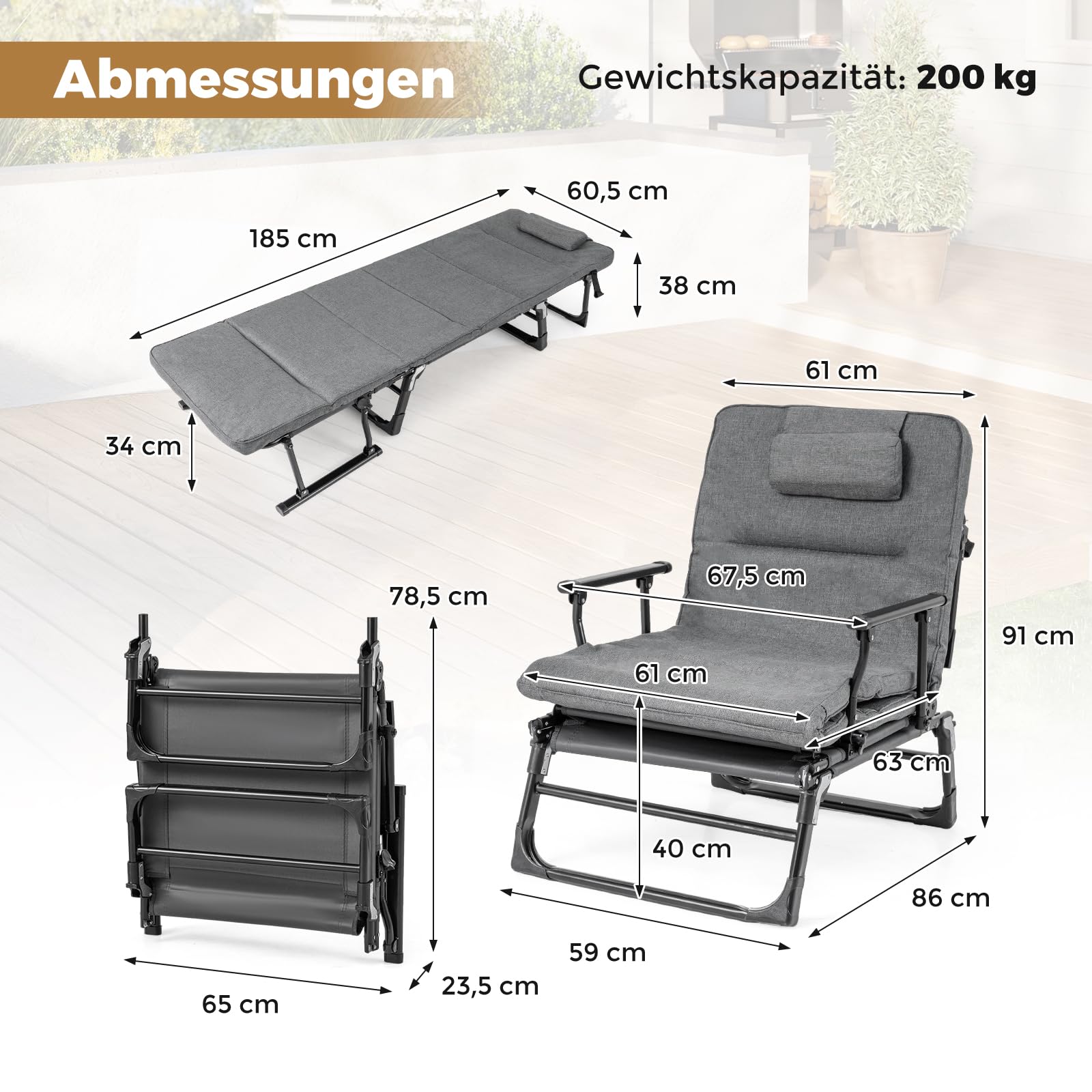COSTWAY Sonnenliege klappbar, 3 in 1 Gartenliege mit Auflage, Kopfstütze, Verstellbarer Rückenlehne, Liegestuhl bis 200 kg belastbar, Campingliege, Klappbett für Garten, Camping, Büro