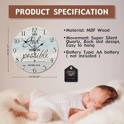Miniatura 7 de Reloj con texto en inglés "with God All Things", reloj de pared con versículo bíblico, cita religiosa, reloj de madera, estilo cristiano,