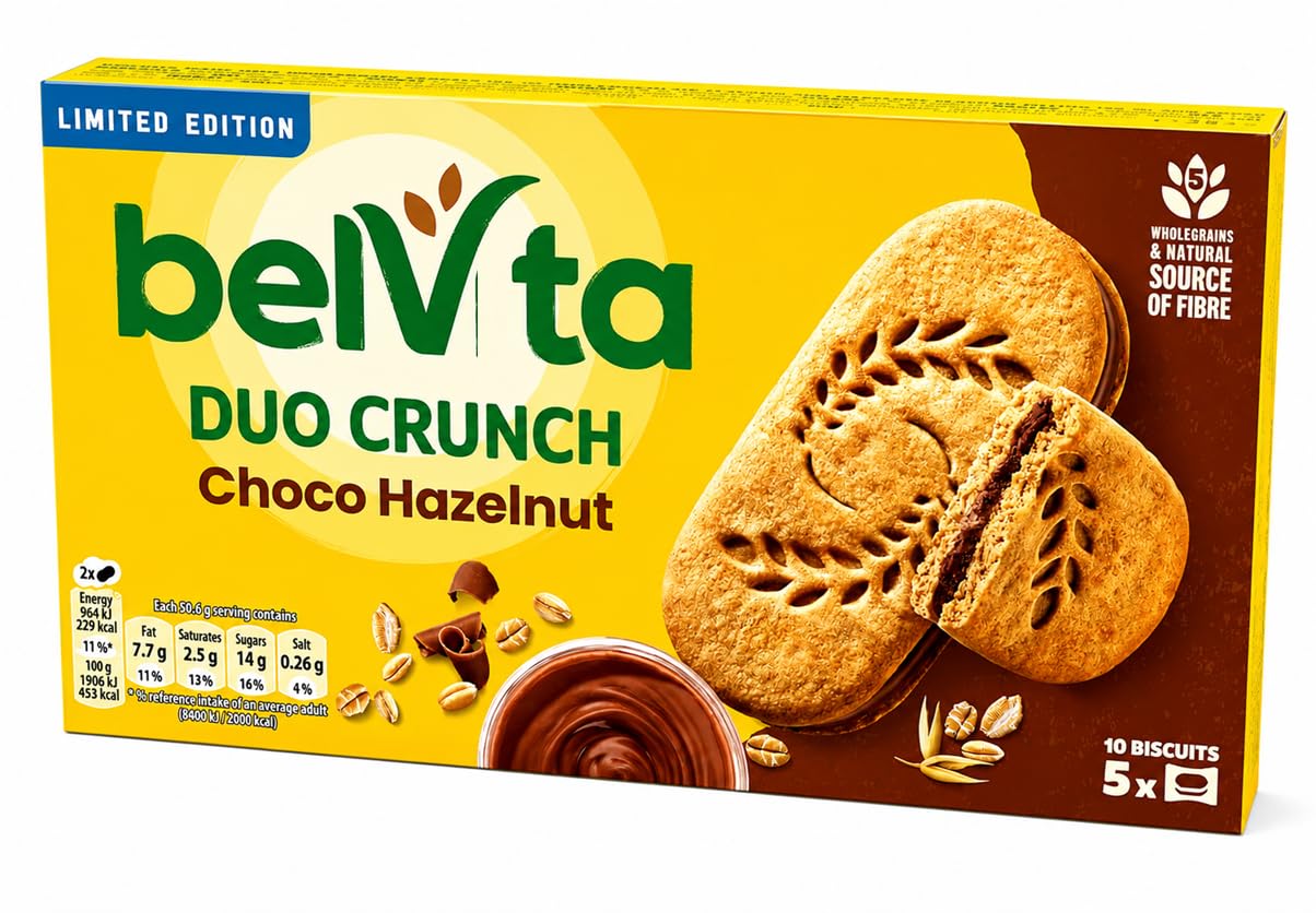 BelVita Duo Crunch Choco Hazelnut Breakfast Biscuits with Creamy Chocolate Hazelnut Filling, Wholegrain High Fibre Crunchy Snack for Breakfast, Tea Time and On the Go, 10 Biscuits, 253g (Imported) From Biteza-image-28
