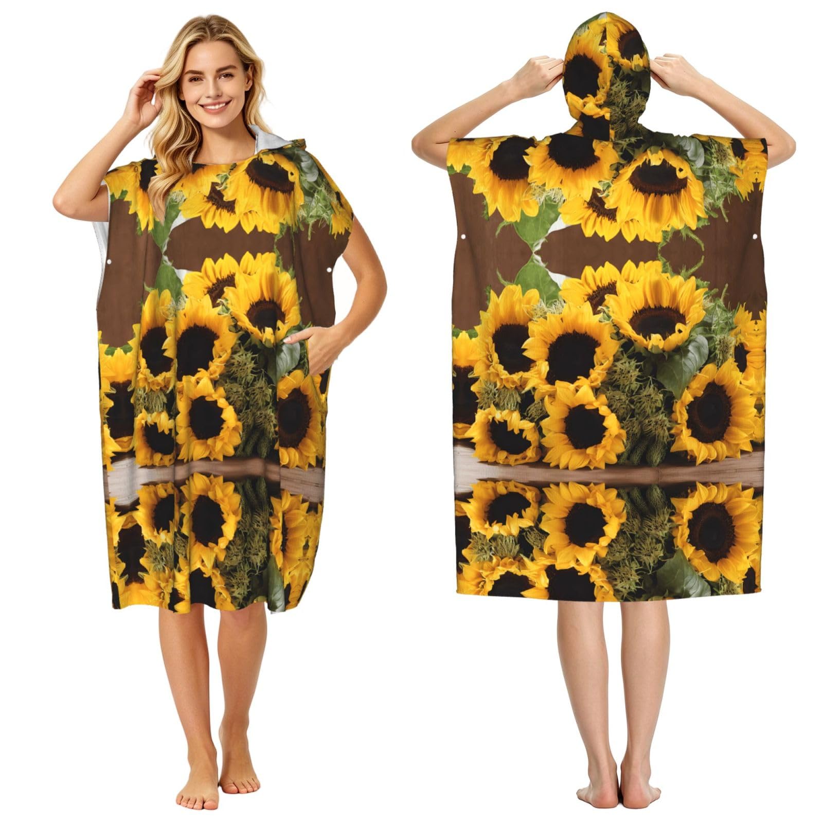 Poncho à capuche microfibre pour le surf et l'été en imprimé tournesols