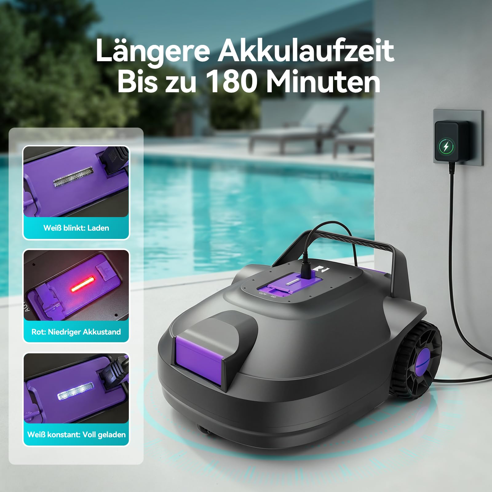 Redkey S200 Poolroboter, Kabellos Poolsauger Akku mit 180 Min Laufzeit, Dual Motoren, Doppelsiebe, Doppelte Saugkraft, Selbsteinparkfunktion, Poolsuager für Flache Böden Pools bis zu 100 m² (Lila)