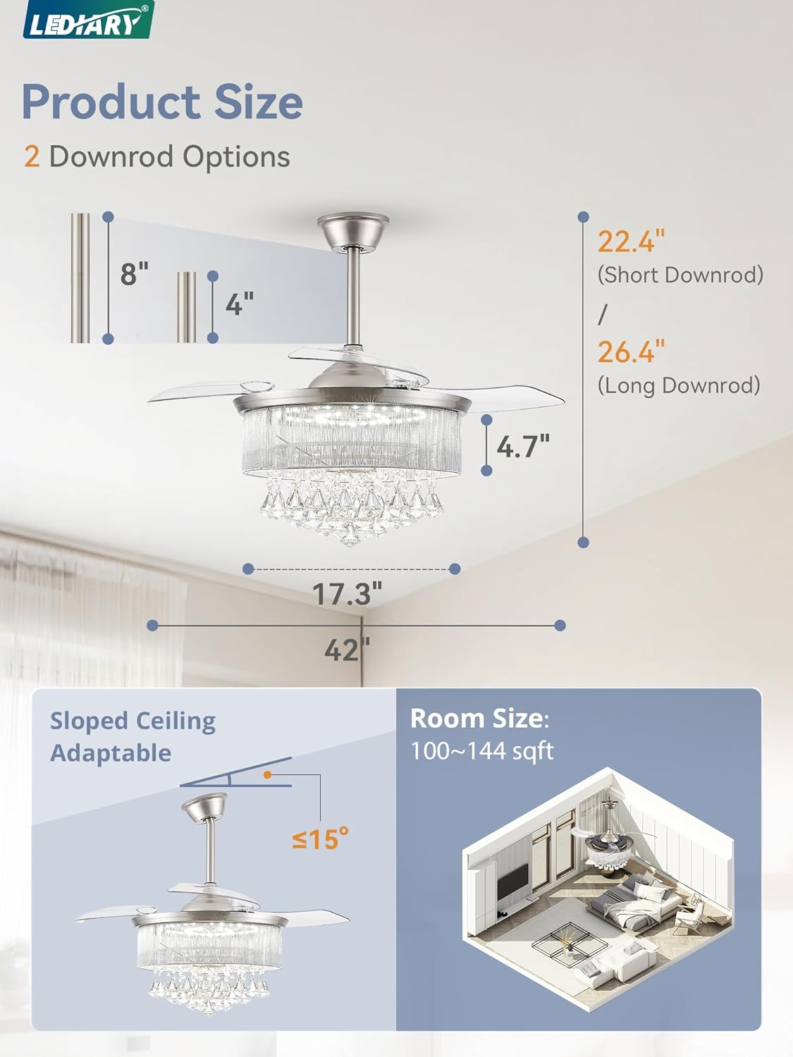Diagram showing product dimensions, two downrod options, sloped ceiling adaptability, and recommended room size.