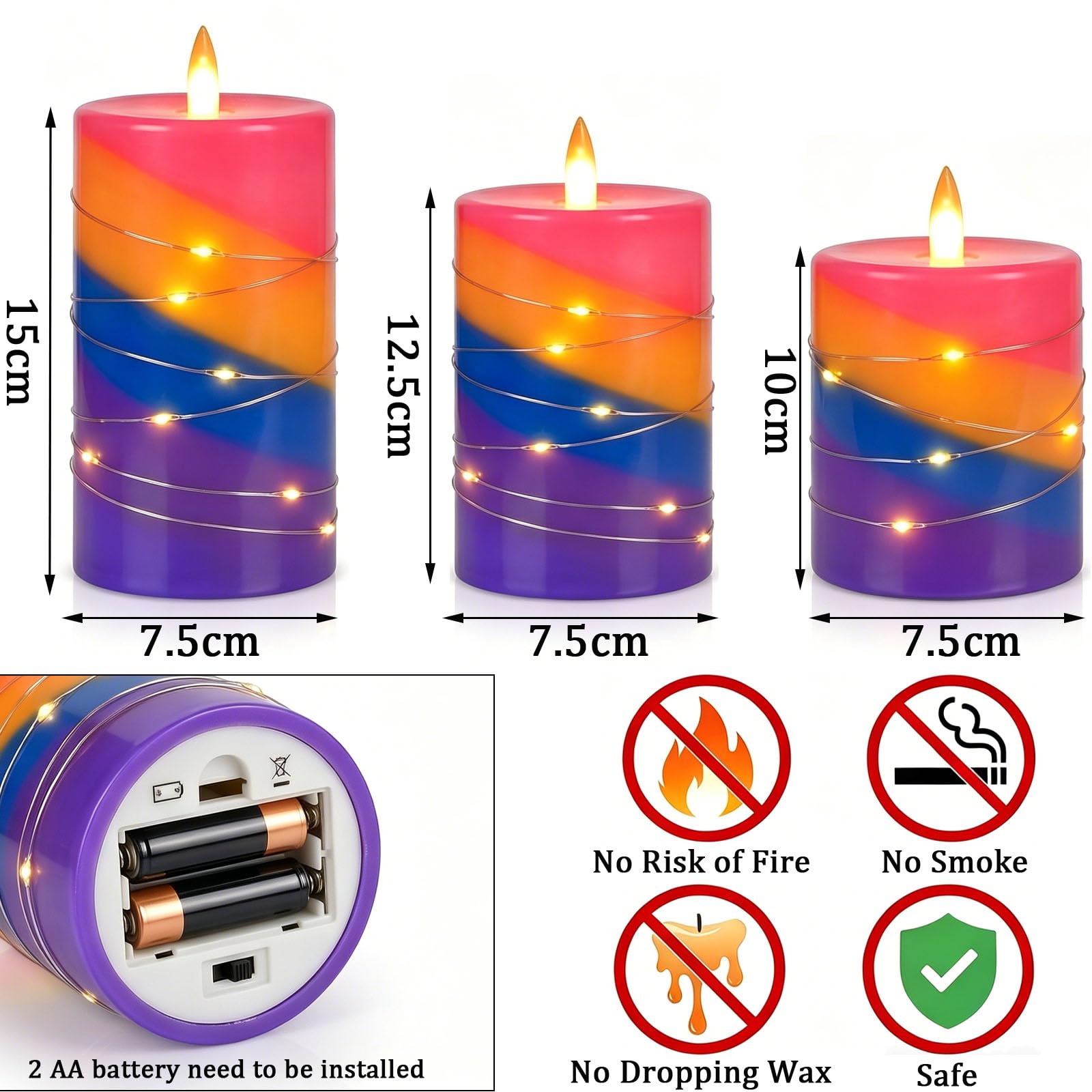 Lot de 3 bougies LED sans flamme avec guirlande lumineuse, bougies piliers multicolores en cire de paraffine avec télécommande et minuterie, bougies électriques vacillantes à piles pour atmosphère