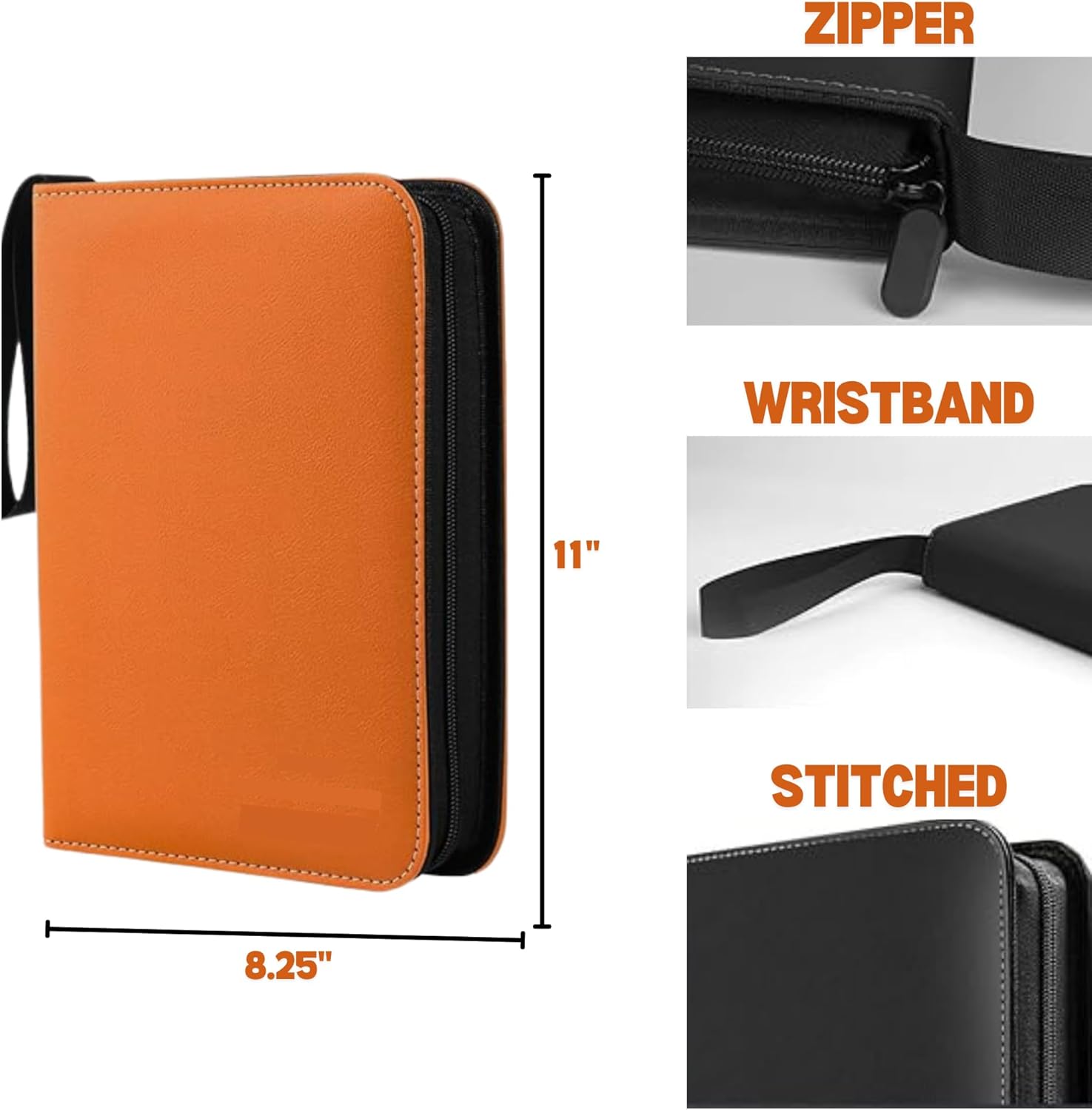 Jumbo Card Binder - 100 Pockets Hold Oversized Big Card 3 Rings With 50 Double Side Removable Premium Pages Portable & Lightweight Orange Leather Jumbo Binder + 25pk (L) + 25pk (XL)