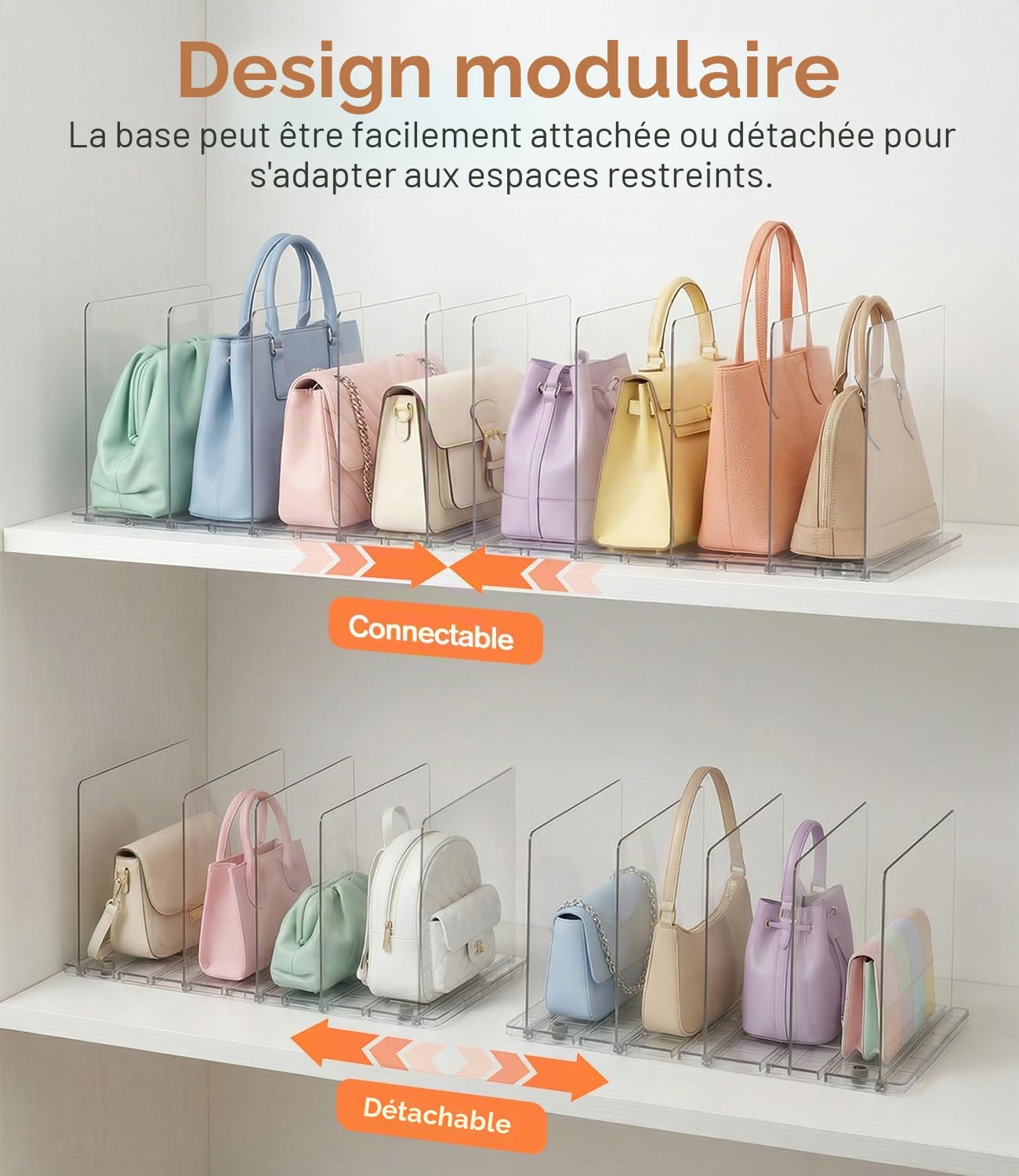 Lot de 10 Rangement Sac à Main, Organisateur Sac à Main en Acrylique Transparent, Separateur Etagere D'étagères Réglables avec Base Rainurée pour Chambre, Cuisine, Bureau, Salle de Bain