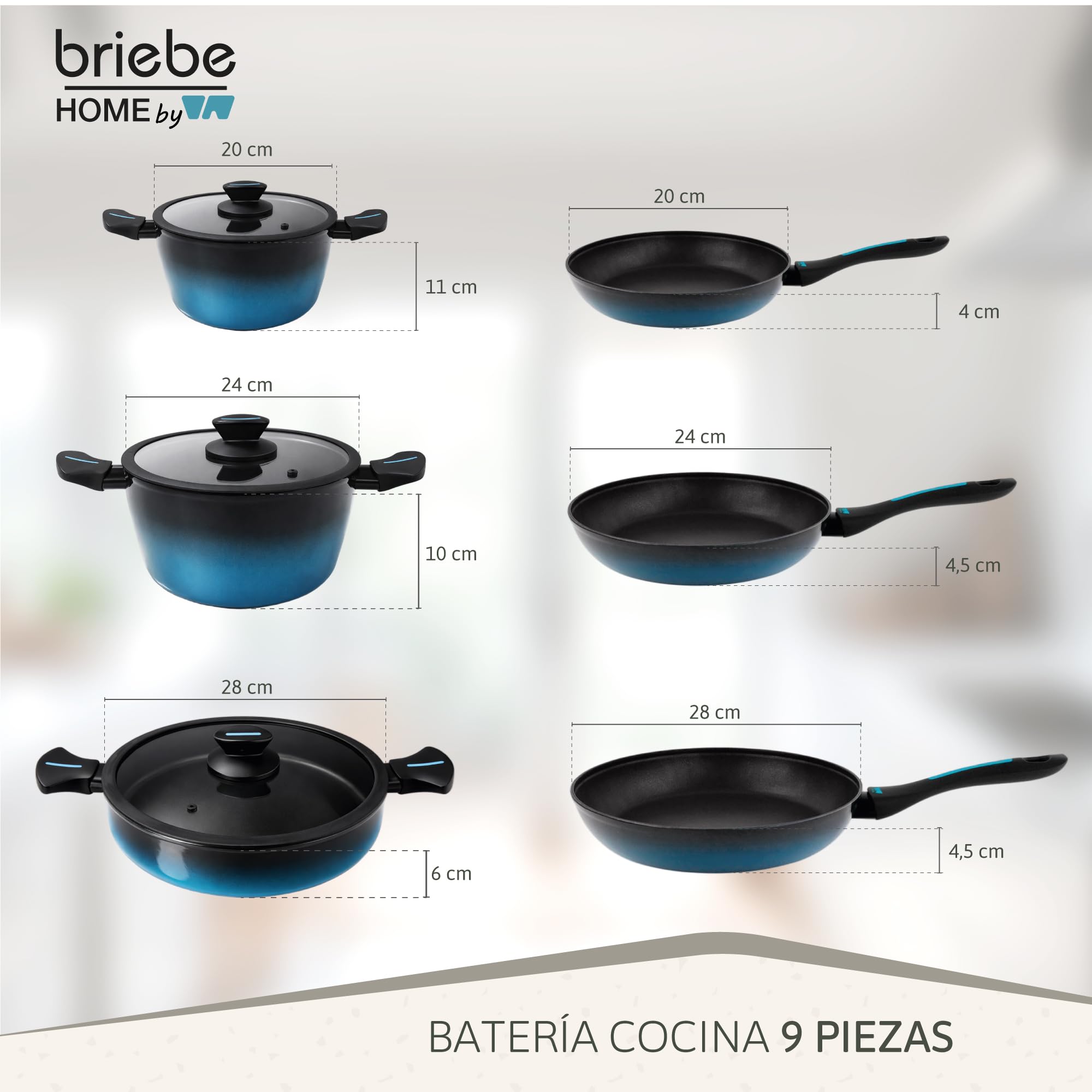 briebe MARE Batería Cocina Inducción, Acero Forjado 9 Piezas, Antiadherente Libre PFOA, Juego 3 Ollas Y 3 Sartenes Profesionales, Alta Resistencia, Apta Para Todo Tipo de Fuegos, Fabricada en España