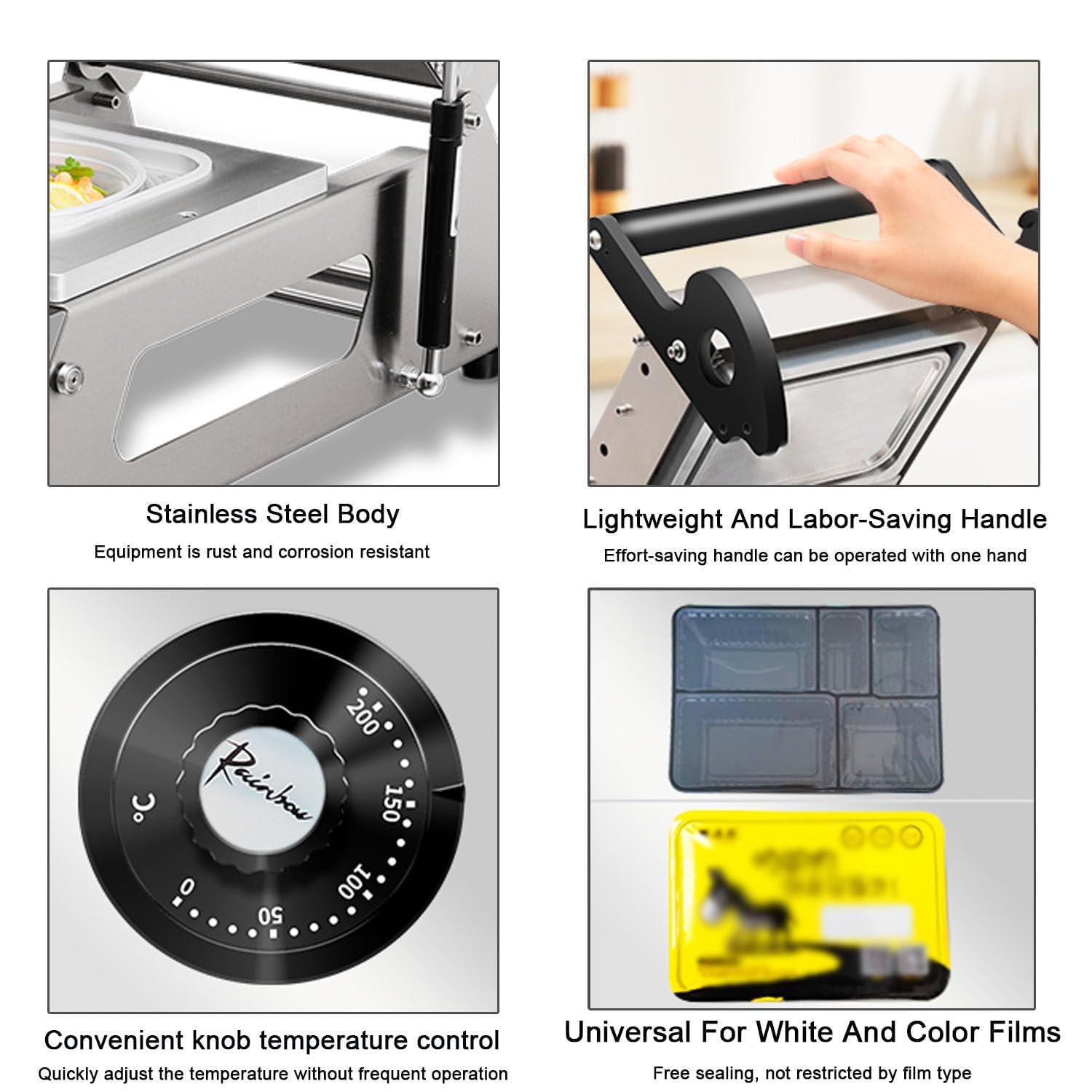 Máquina de sellado térmico para bandejas de alimentos, sellador de cajas para llevar a presión manual, 7-8 sellos por minuto, máquina de envasado de alimentos para carne y alimentos cocinados