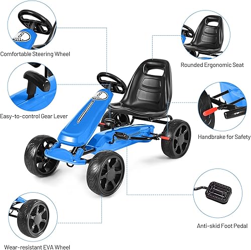 Miniatura 9 de HONEY JOY Pedal Go Kart, auto de pedal todoterreno de 4 ruedas con freno de mano y embrague, asiento ajustable de 2 posiciones, carrito de paseo