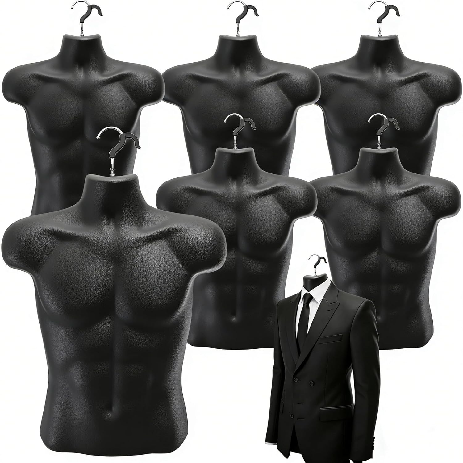 6 Pack Male Mannequin Torso, Shapely Dress Form with Hanging Hook, T-Shirt Display Hollow Back Body, Shatterproof Rounded Waist Mold for Craft Shows, Photos Design, Clothing Sewing, Black