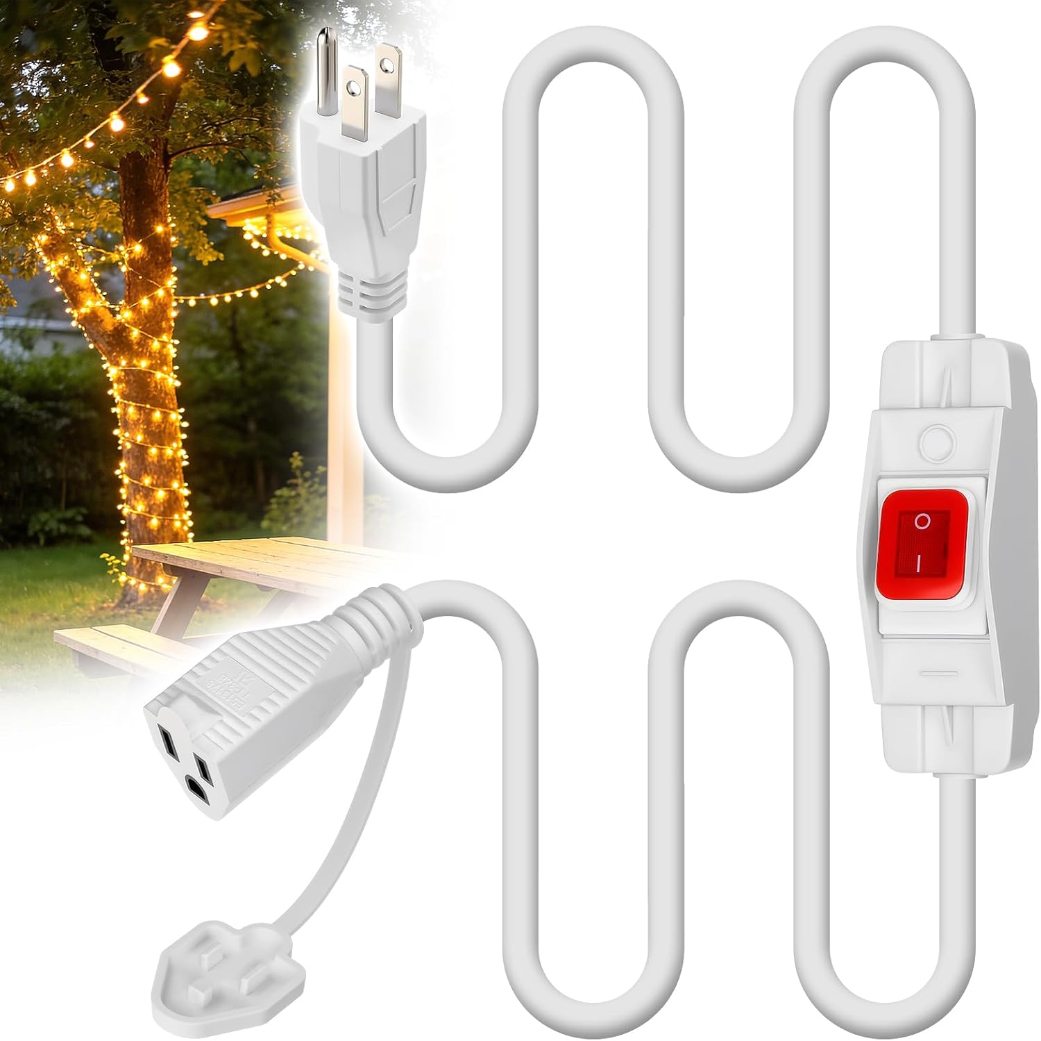 6ft Waterproof Short Extension Cord with Switch - 3 x 14AWG, 15A, 125V, 3 Prong Outdoor On Off Switch for Patio Lights Camping, White
