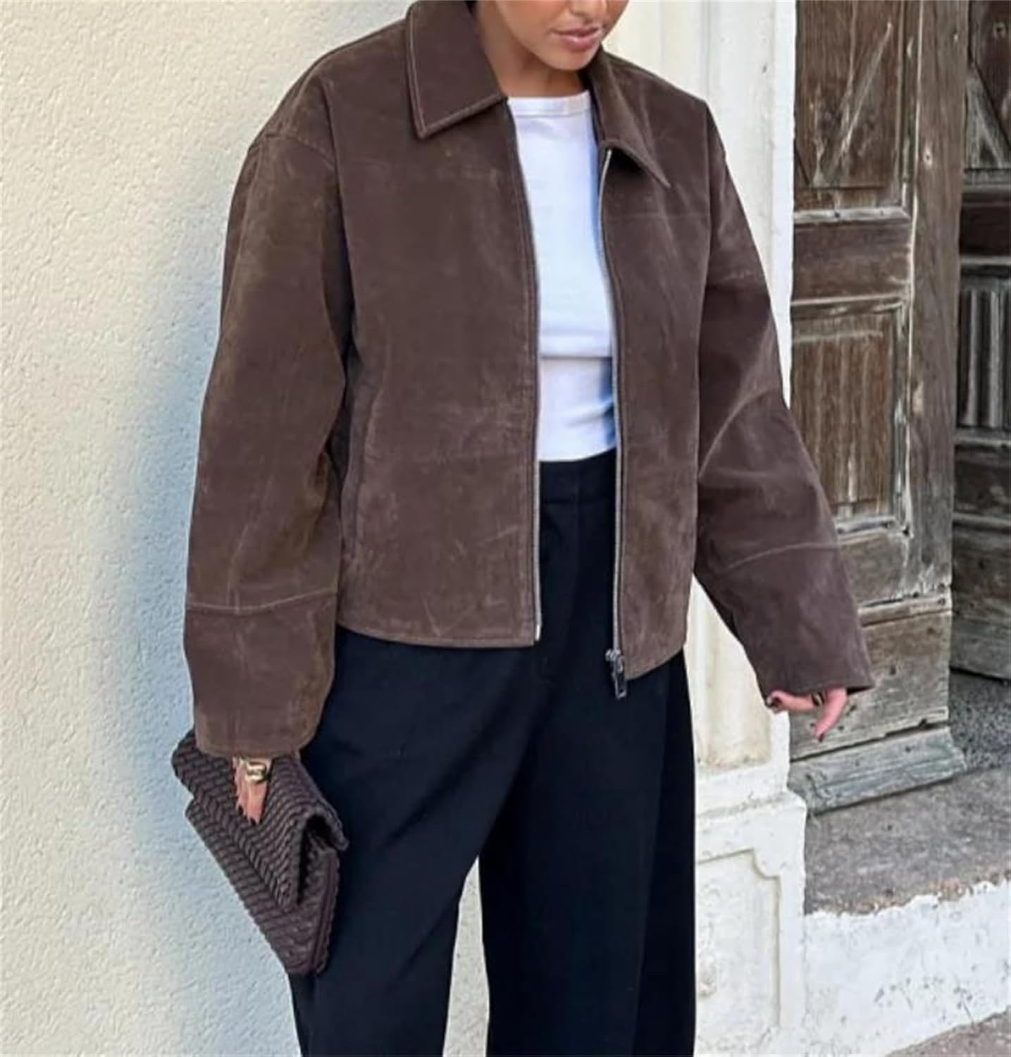 Women's Wide Waisted Short Jacket Turndown Collar Full Sleeve Zip Front Casual Street Style Clean Line Warm Coat