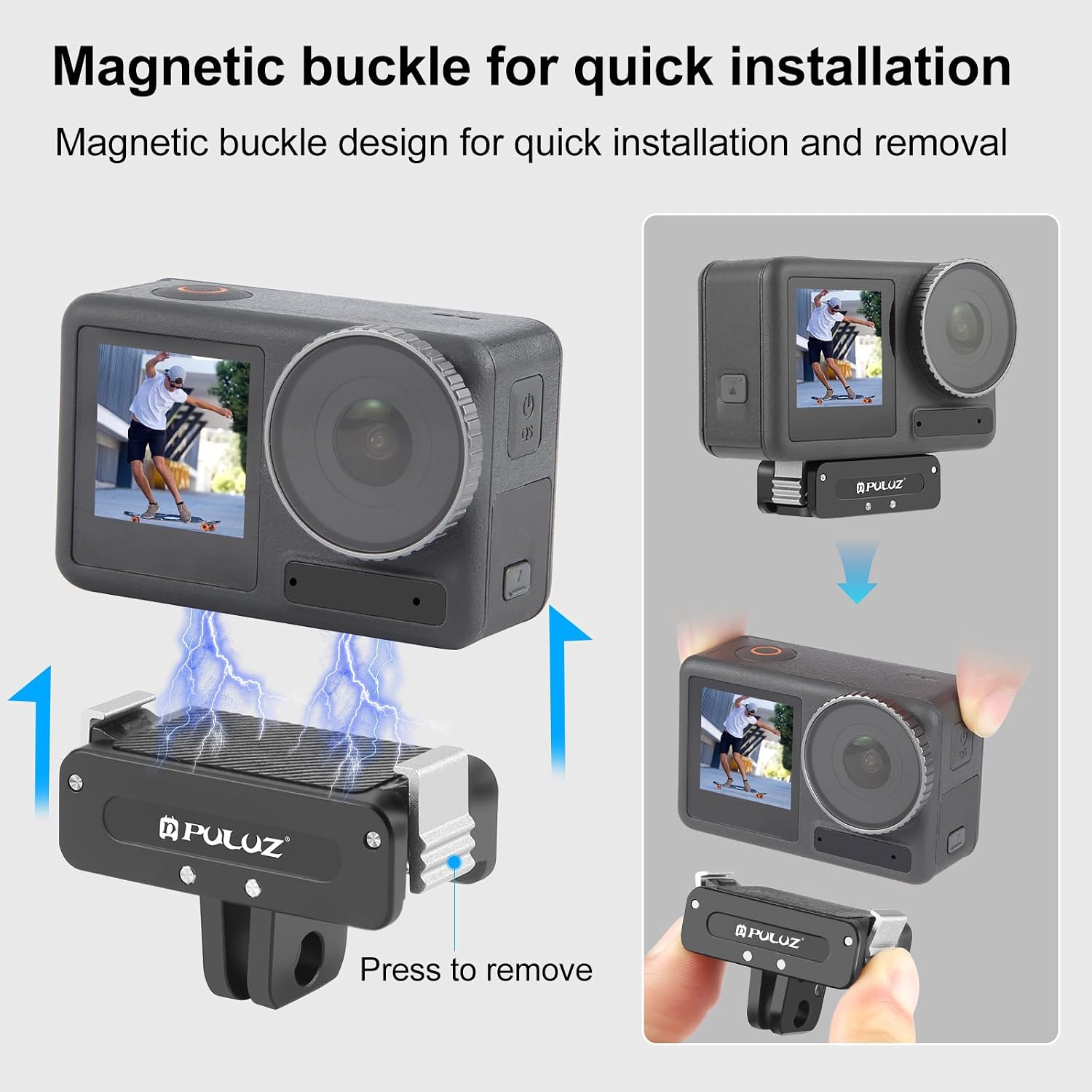 PULUZ Magnetic Base for DJI Osmo Action 5 Pro/4/3,Osmo 360,Metal Quick Release Mount with 1/4 Inch Adapter & Anti-Slip Silicone,Compatible with Selfie Stick Tripod