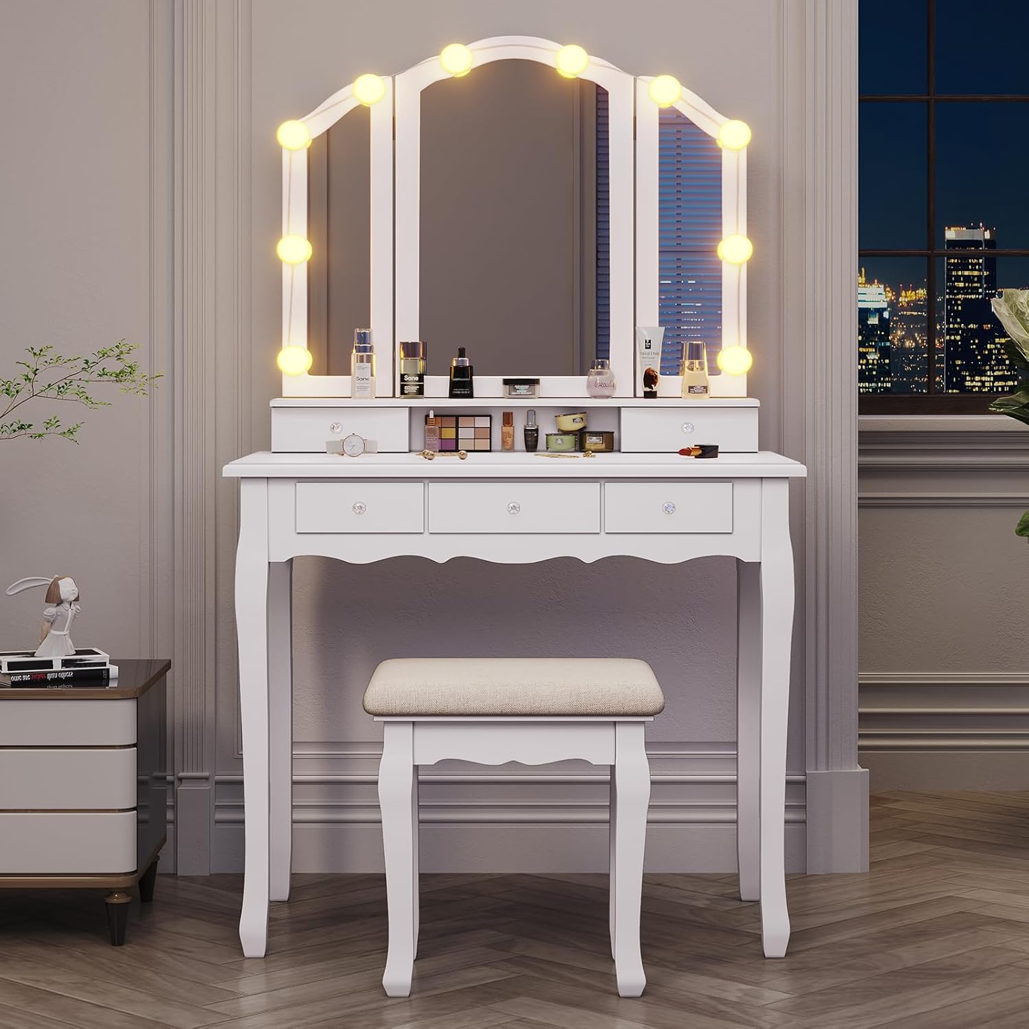 Tiptiper Vanity Table Set with Lighted Tri-Folding Mirror, Makeup Vanity with Lights & 3 Color Lighting Modes, Vanity Desk with Mirror and Cushioned Stool, Makeup Table with 5 Drawers, White